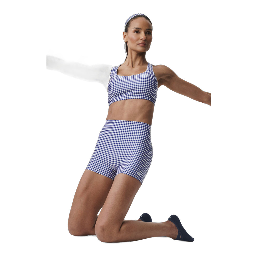 alo 3" Airlift Gingham High-Waist Sleek Short - Navy Gingham