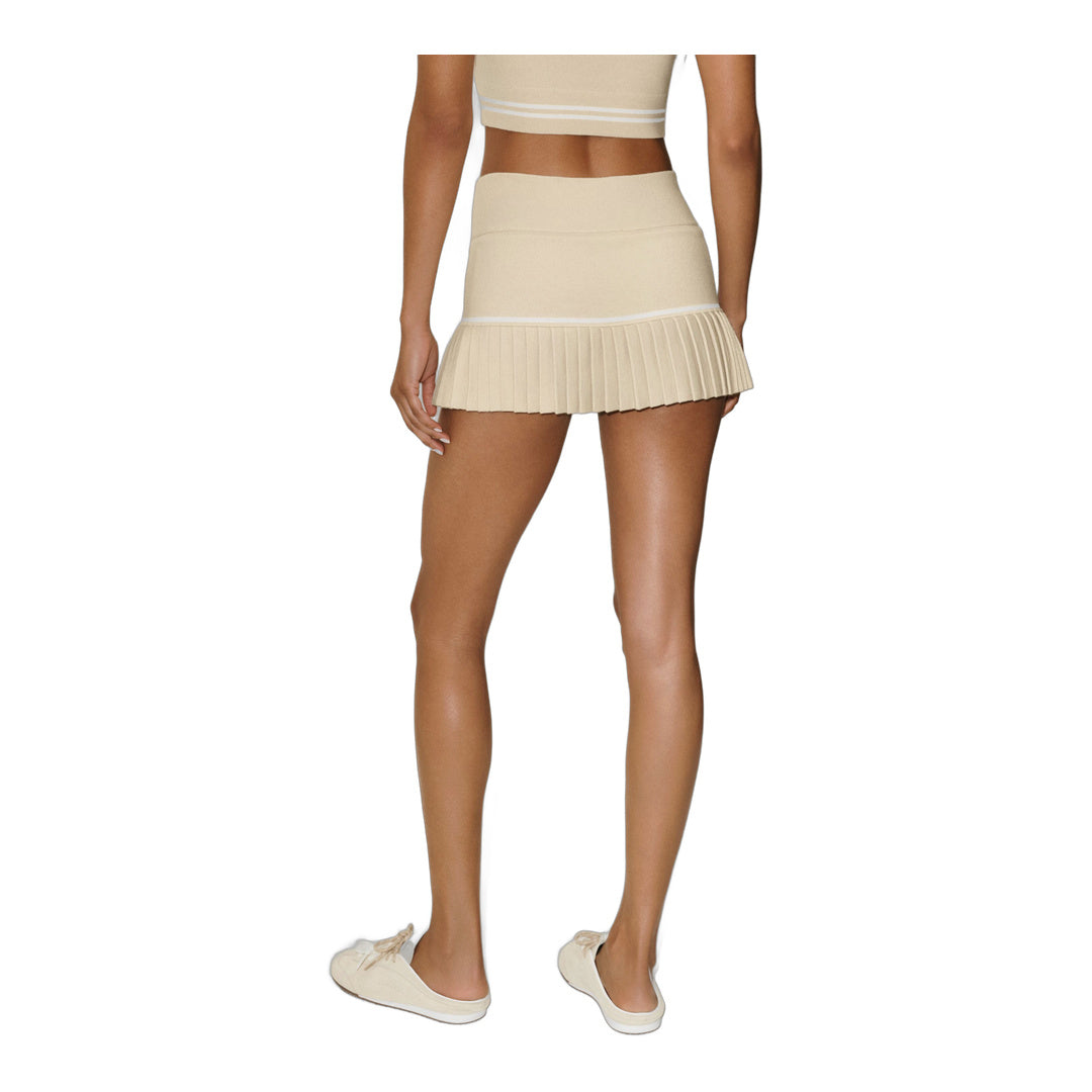alo Cotton Cashmere High-Waist My Serve Tennis Skirt - Sandy Beige/White