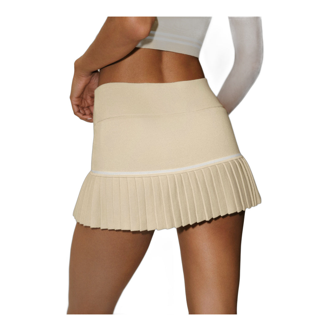 alo Cotton Cashmere High-Waist My Serve Tennis Skirt - Sandy Beige/White