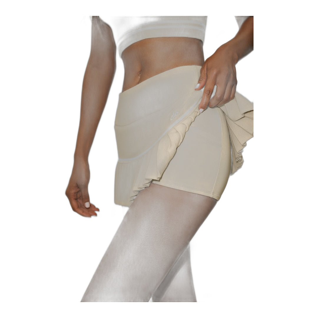 alo Cotton Cashmere High-Waist My Serve Tennis Skirt - Sandy Beige/White