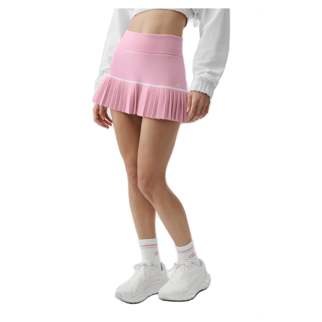 ALO Scholar Knit High-Waist My Serve Tennis Skirt - Pink Marshmallow/White
