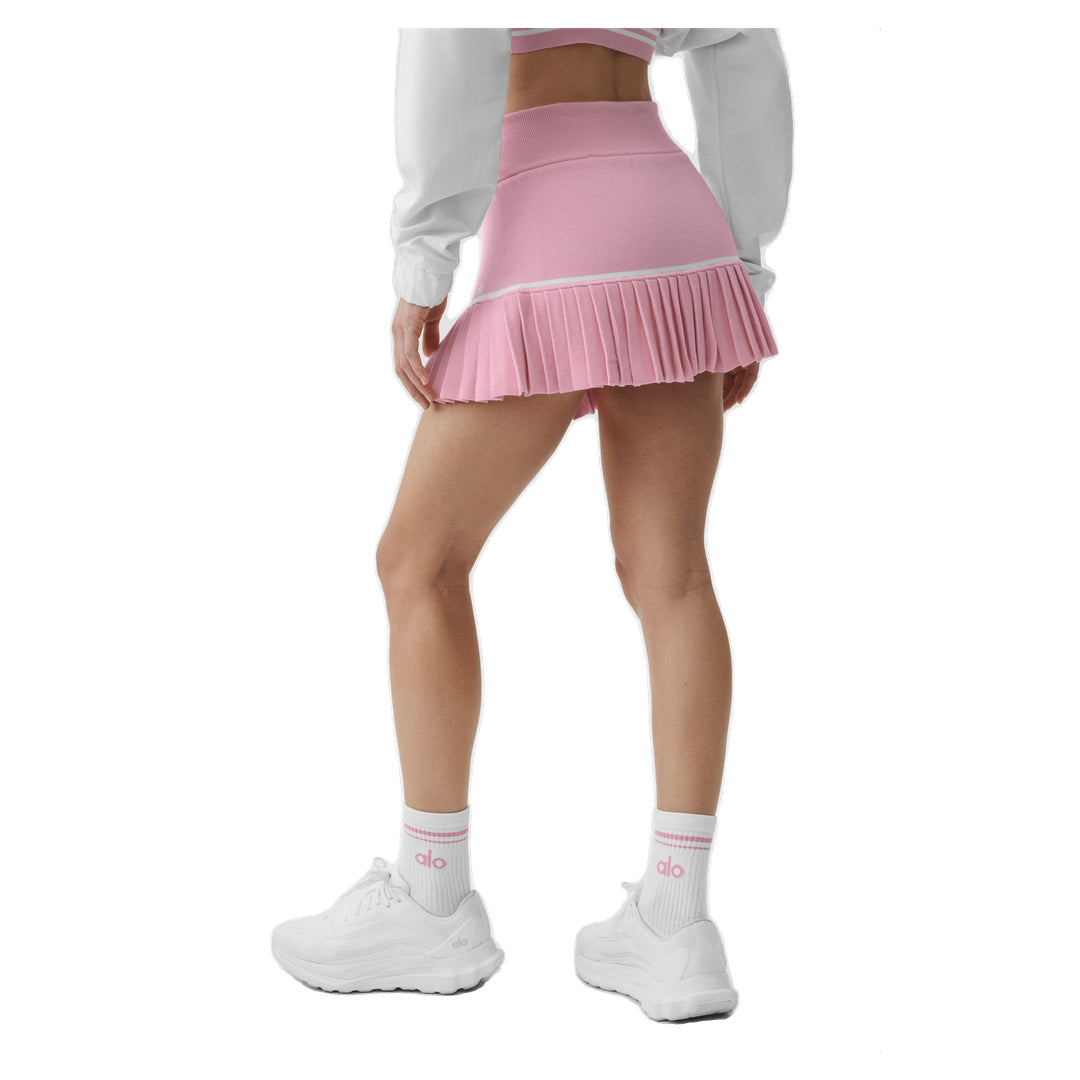 ALO Scholar Knit High-Waist My Serve Tennis Skirt - Pink Marshmallow/White