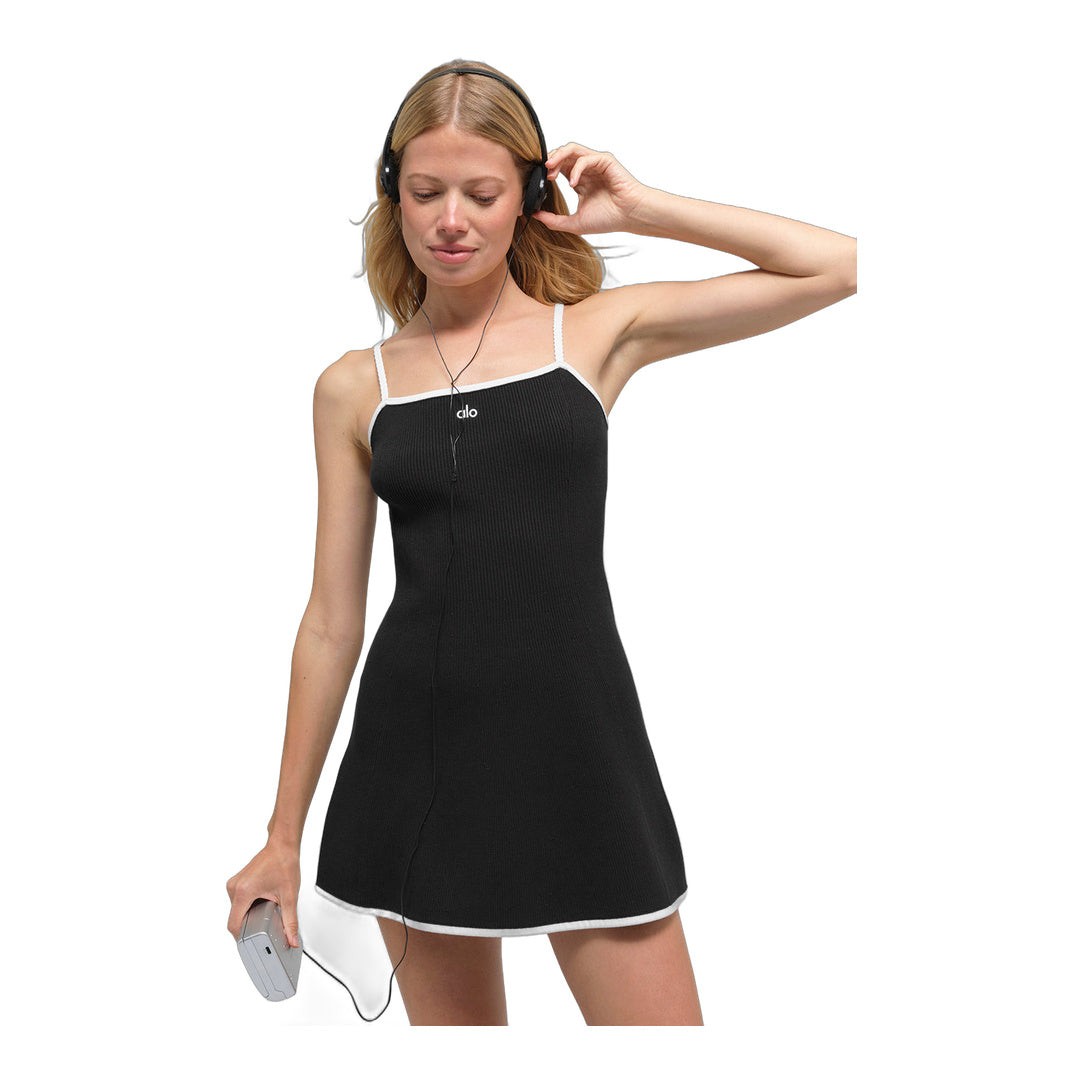 alo Ribbed Sweater Knit Highline Dress - Black/White
