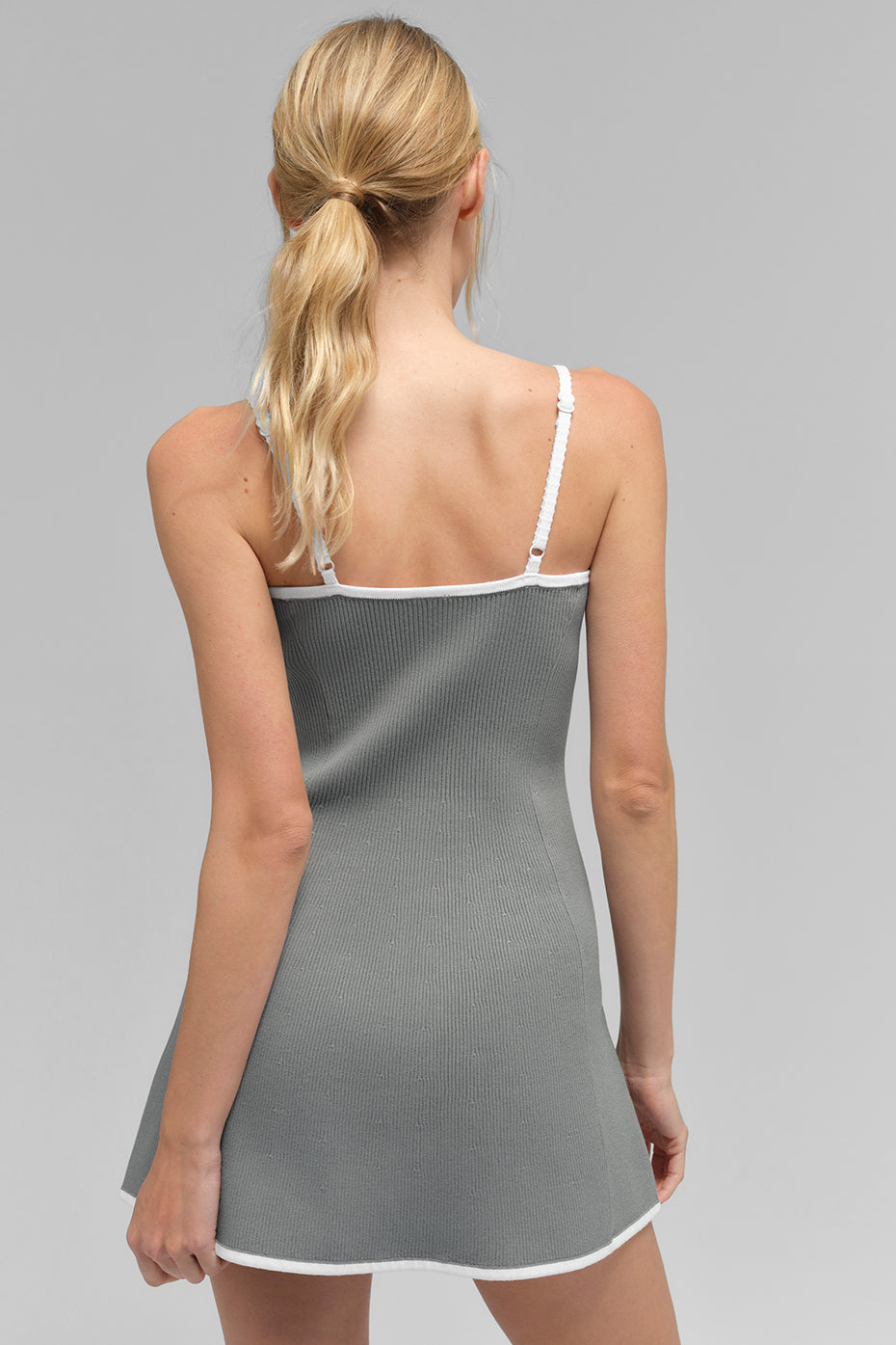 alo Ribbed Sweater Knit Highline Dress - Lunar Grey/White
