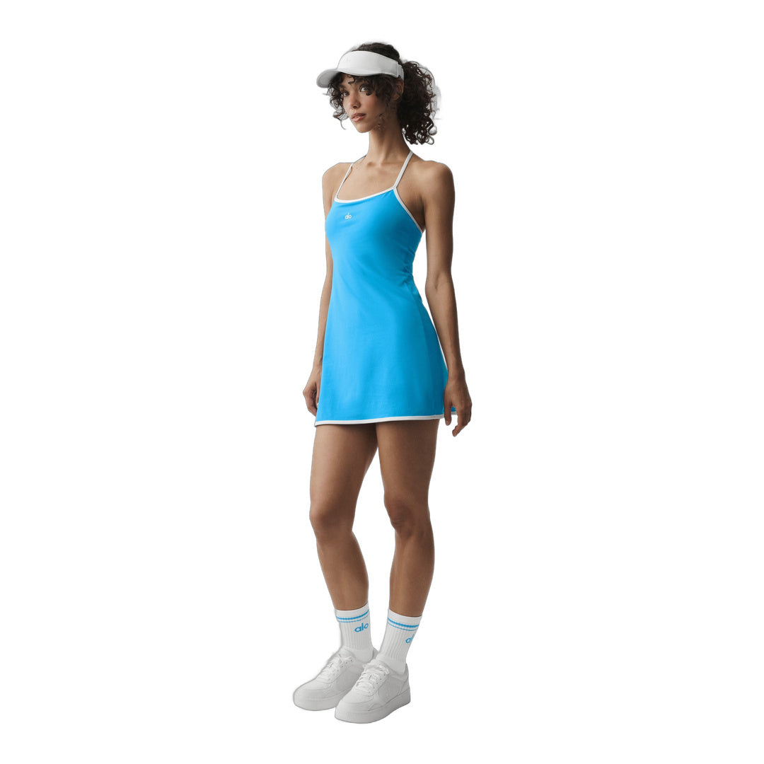 alo ALO Softsculpt Halter Tennis Dress - Azure Blue/White