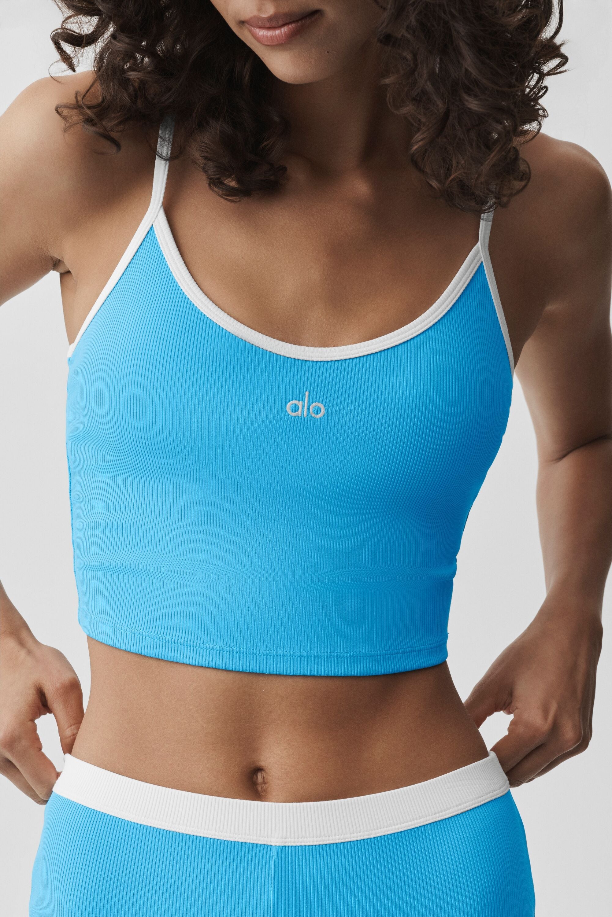 alo Goddess Ribbed First Pick Bra Tank - Azure Blue/White
