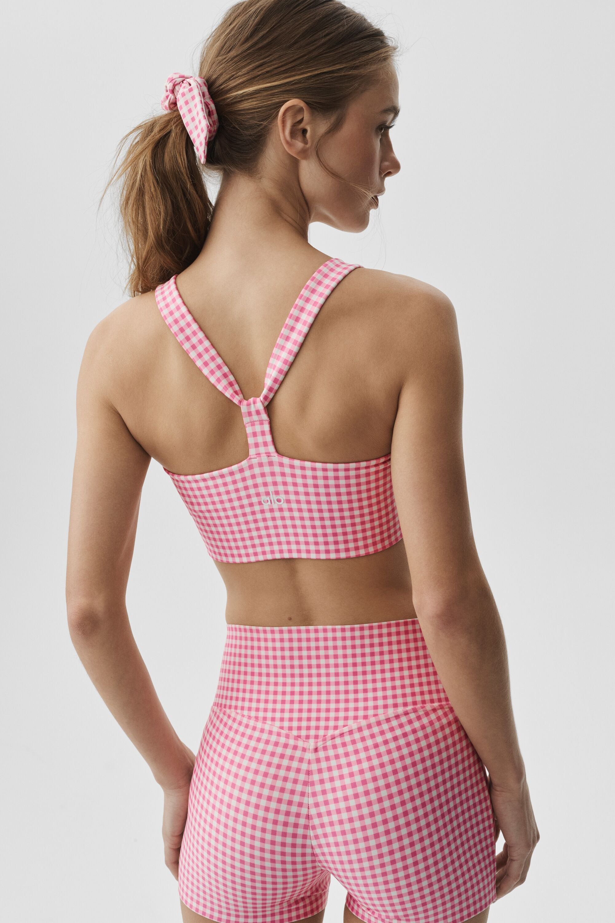 alo Airlift Gingham Sleek Bra Tank - Paradise Pink Gingham