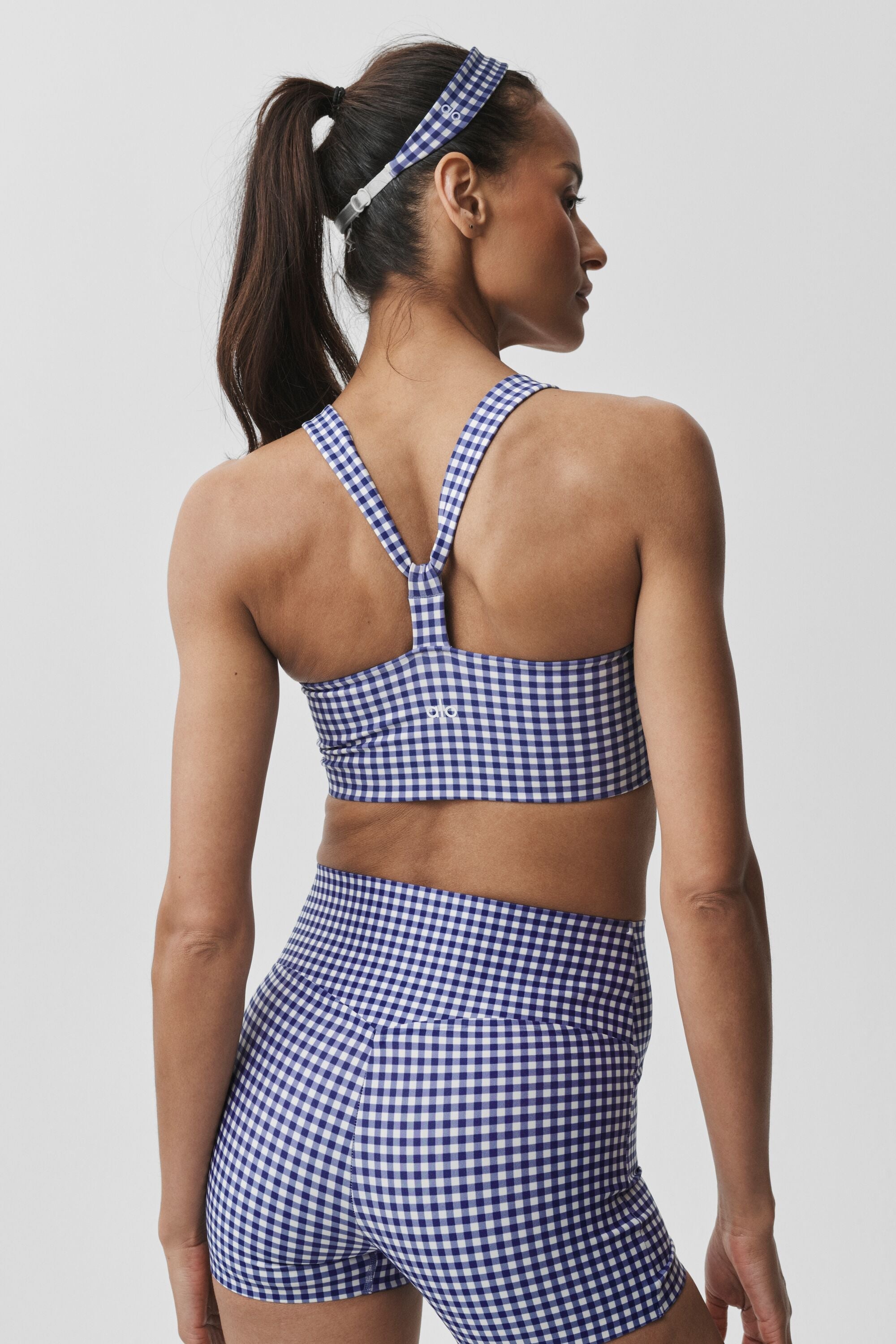 alo Airlift Gingham Sleek Bra Tank - Navy Gingham