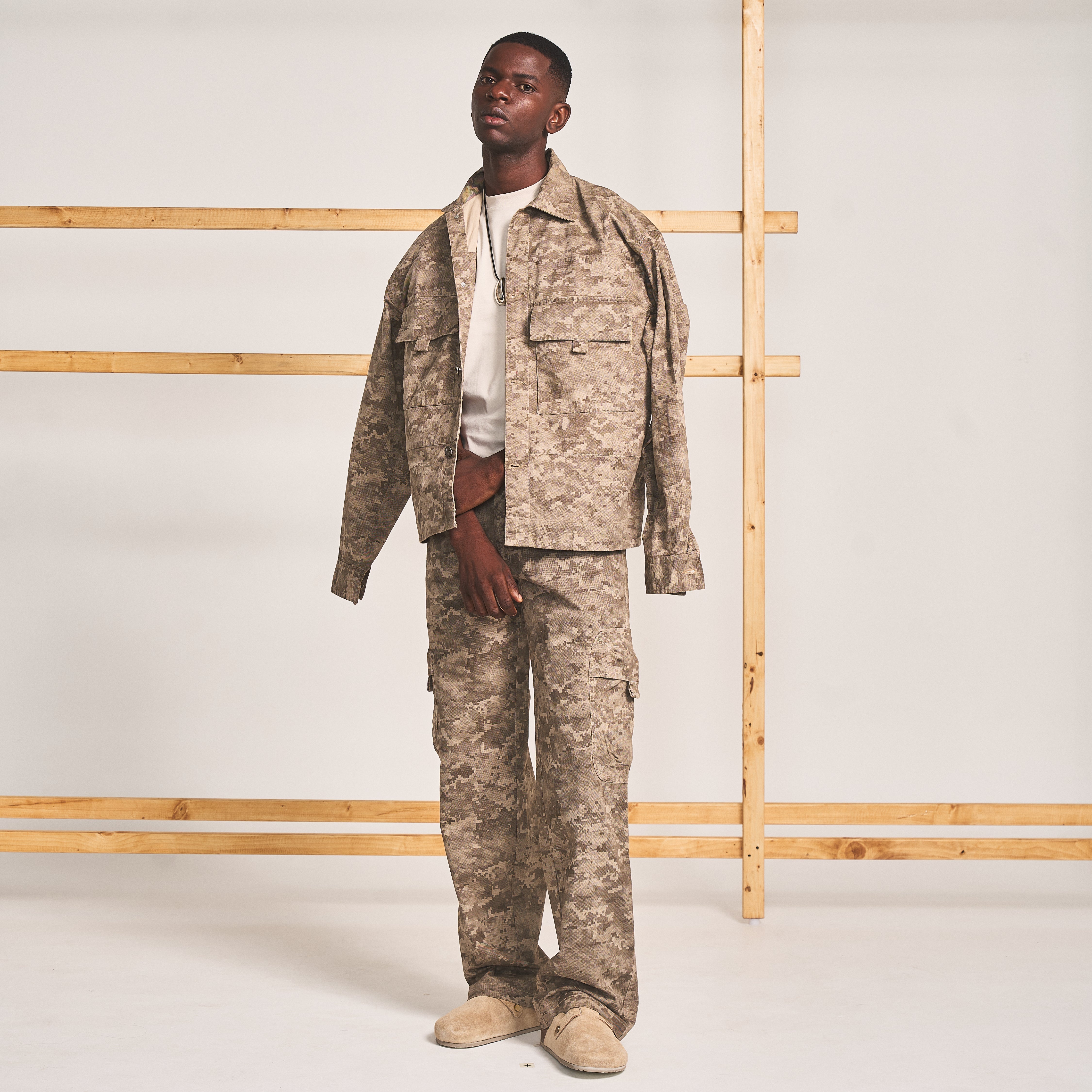 SPREAD COLLAR SHIRT JACKET- CAMO BROWN
