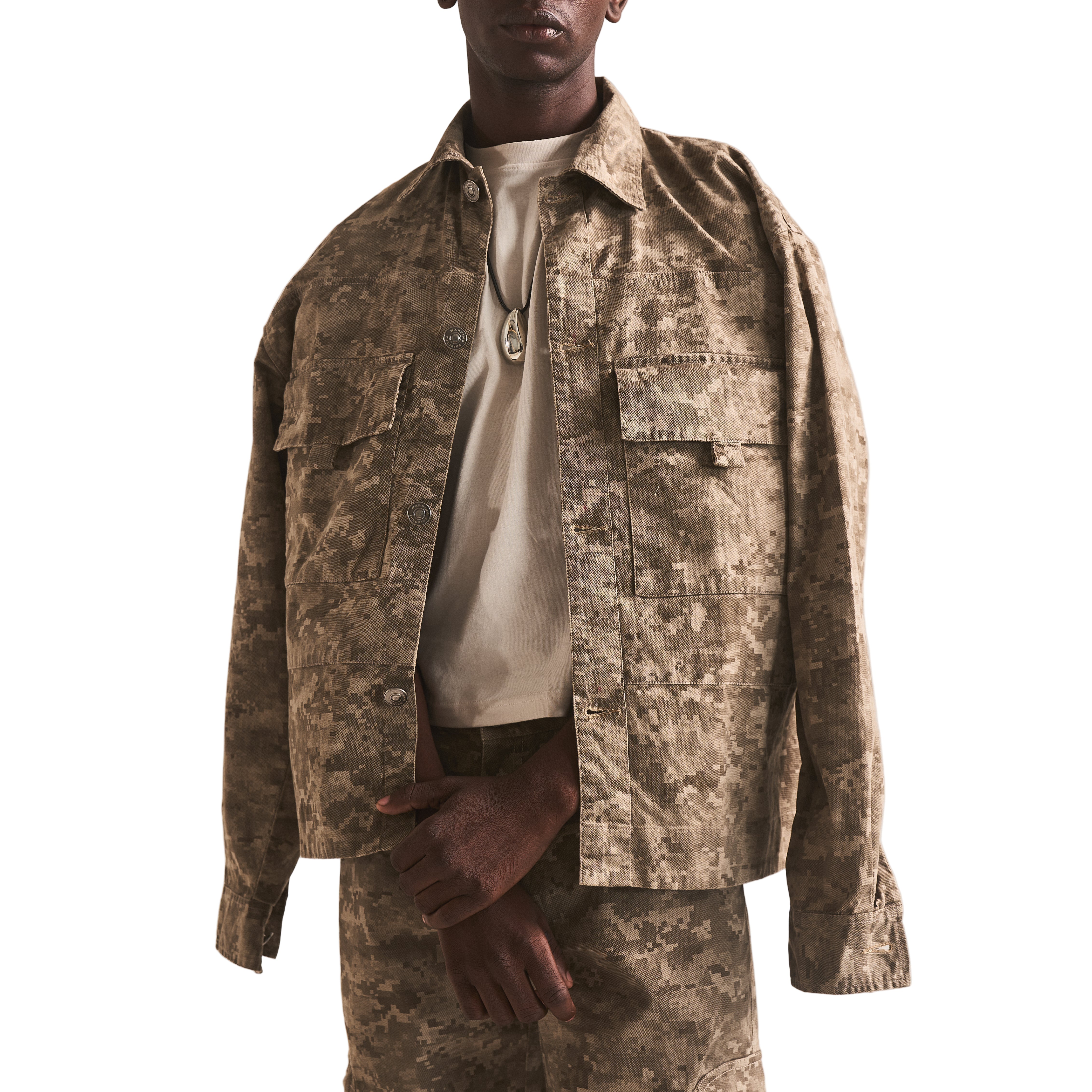SPREAD COLLAR SHIRT JACKET- CAMO BROWN