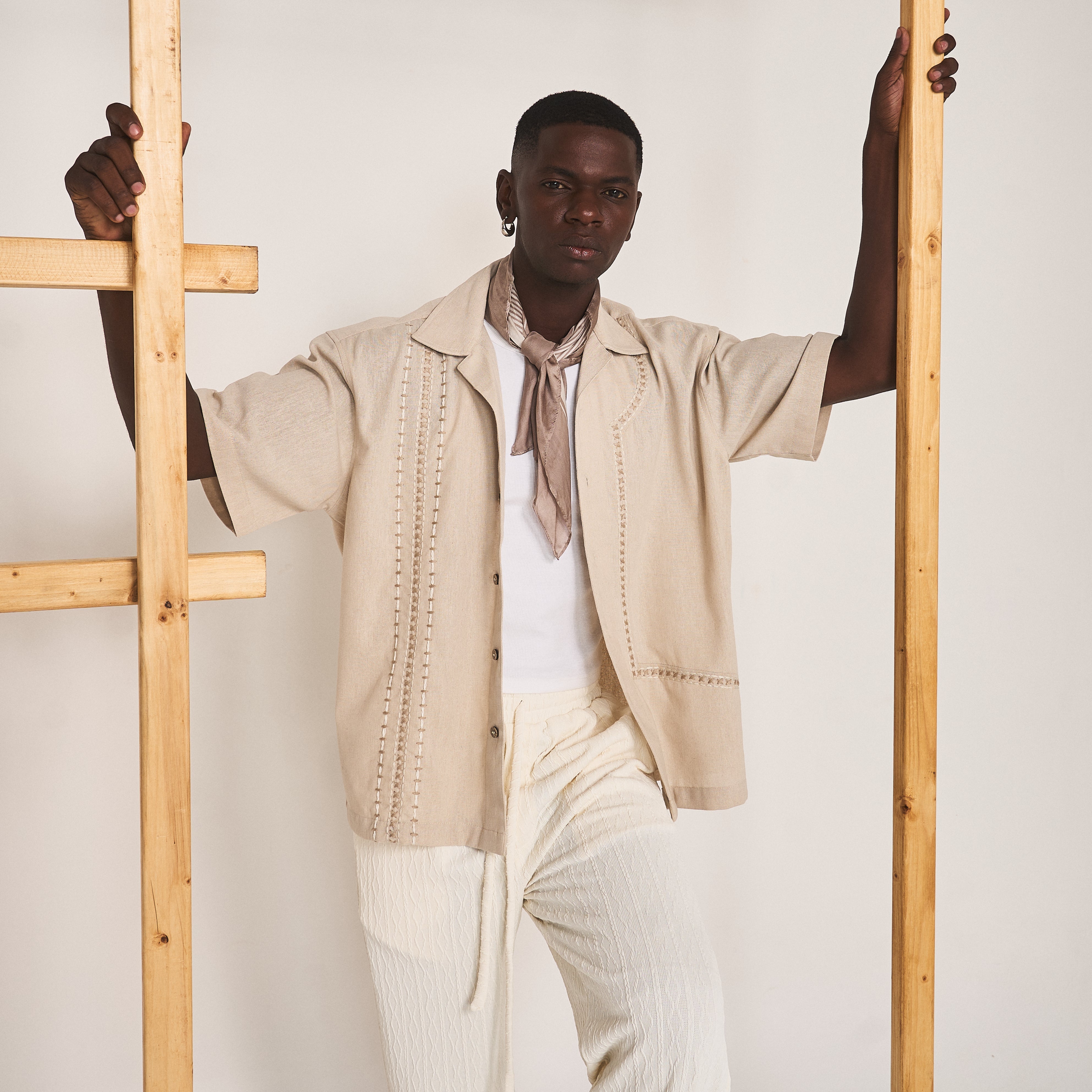 BLOCKED CROSS STITCH SHIRT- OAT