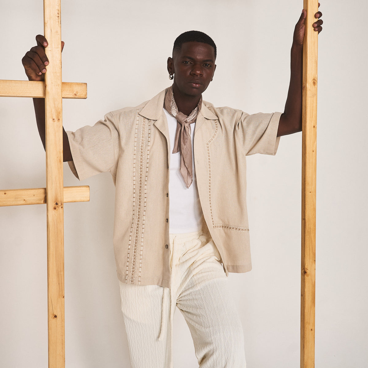 BLOCKED CROSS STITCH SHIRT- OAT