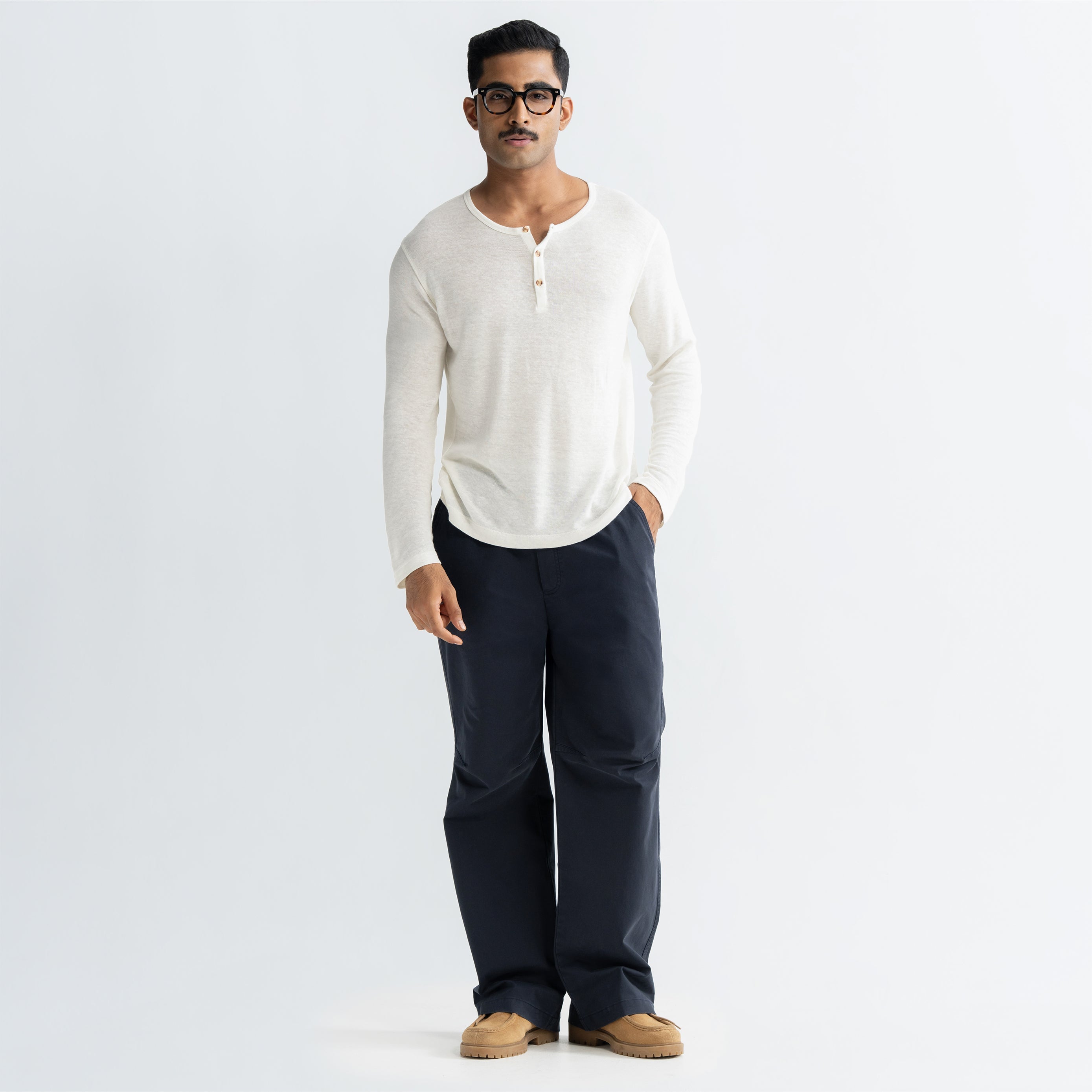 KNEE DART COTTON PANTS - NAVY