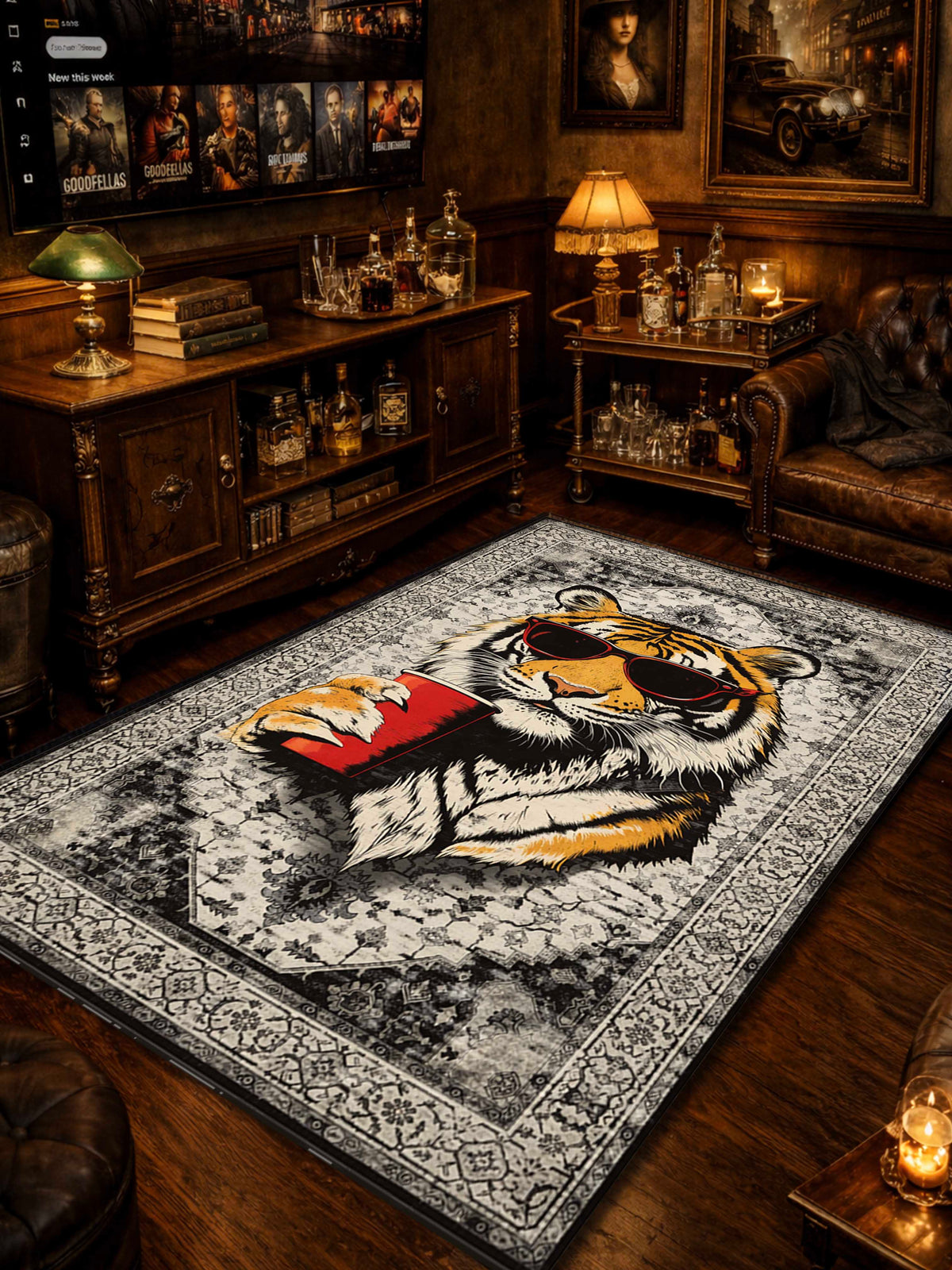 Grey Cool Tiger Traditional Washable Custom Rug