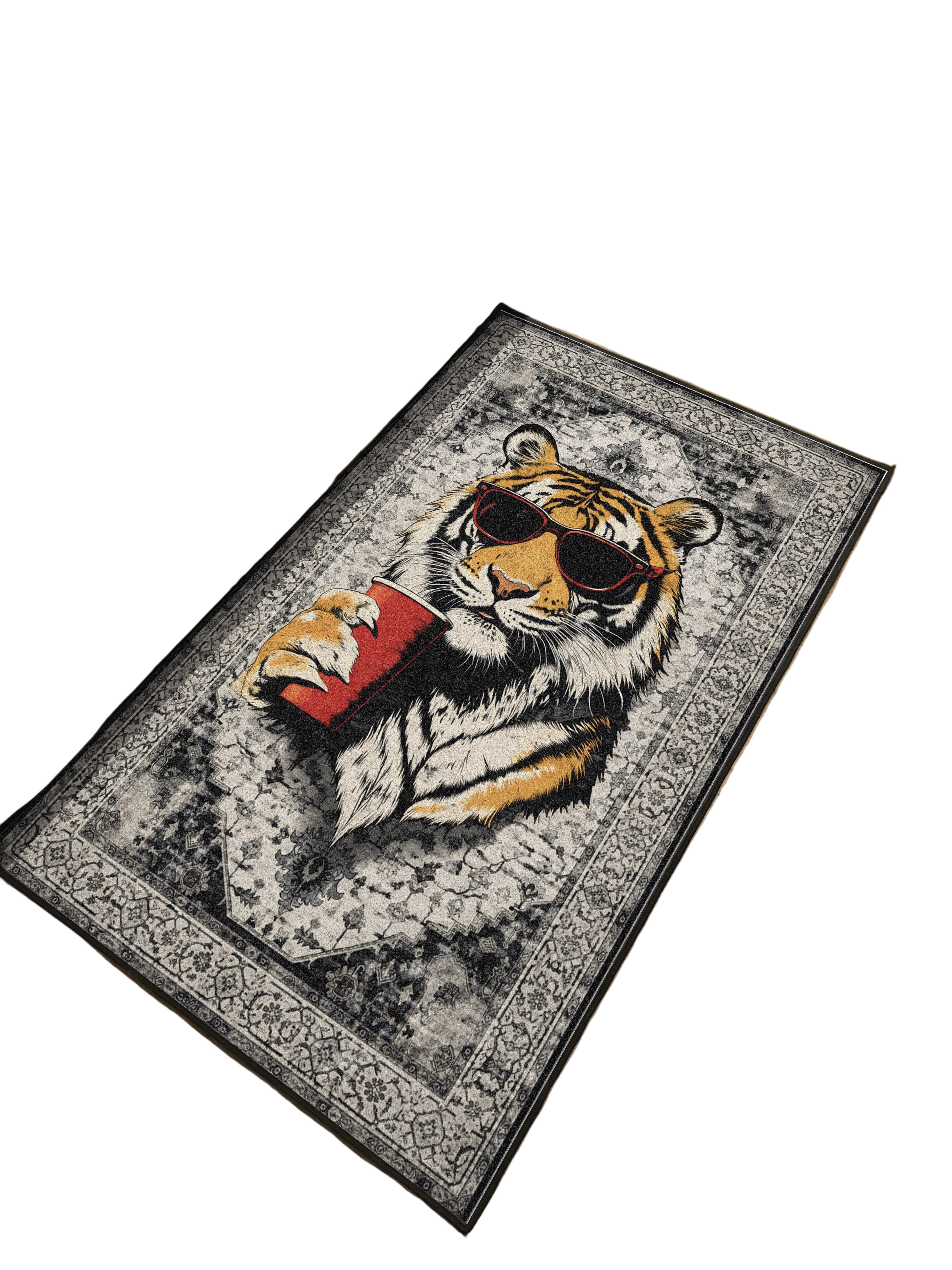 Grey Cool Tiger Traditional Washable Custom Rug