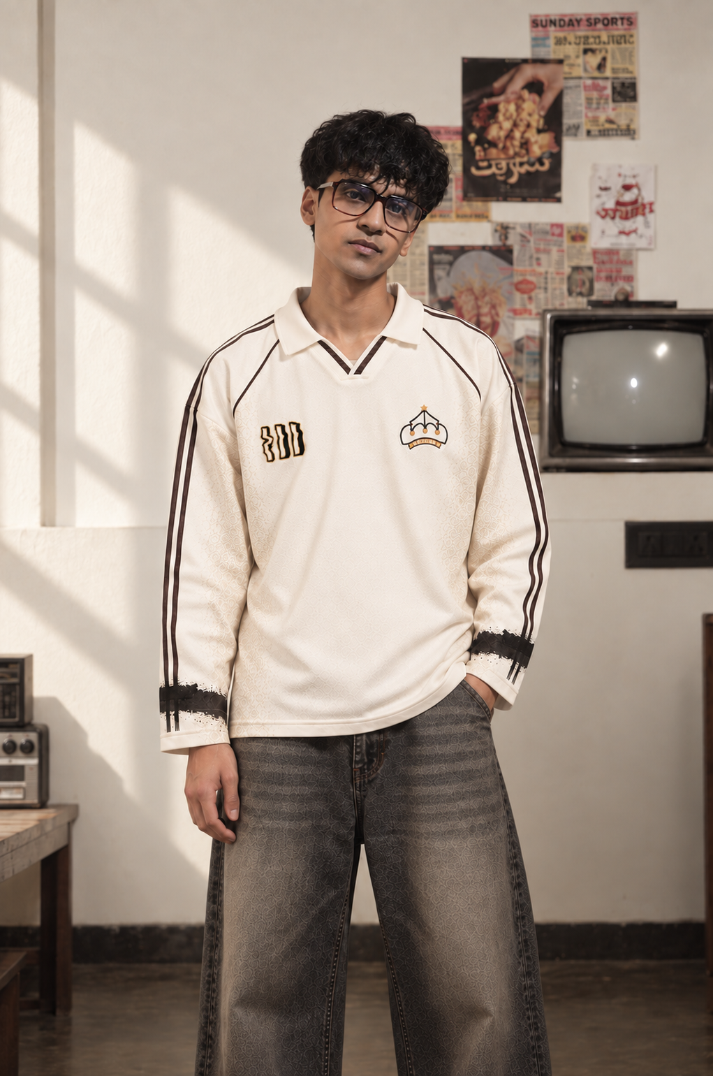 Model wearing the Crowned White Retro Polo
