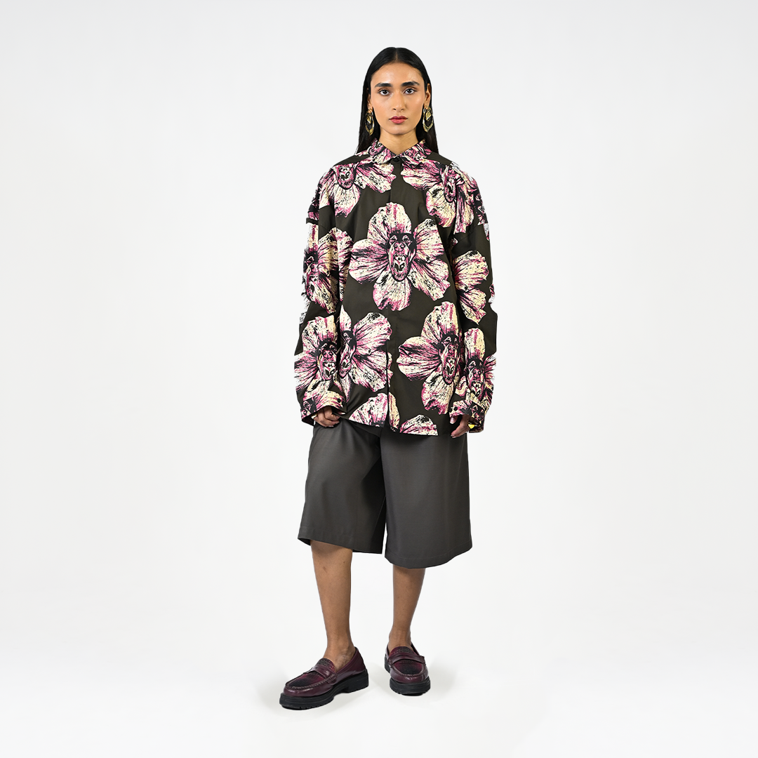 Canine printed oversized cotton shirt - Dark Green