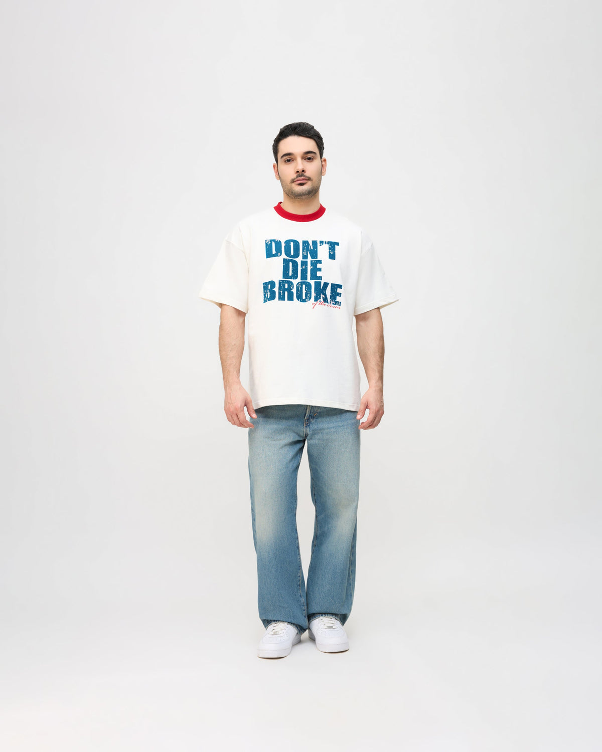 DONT DIE BROKE RINGER T-SHIRT - OFF WHITE/RED