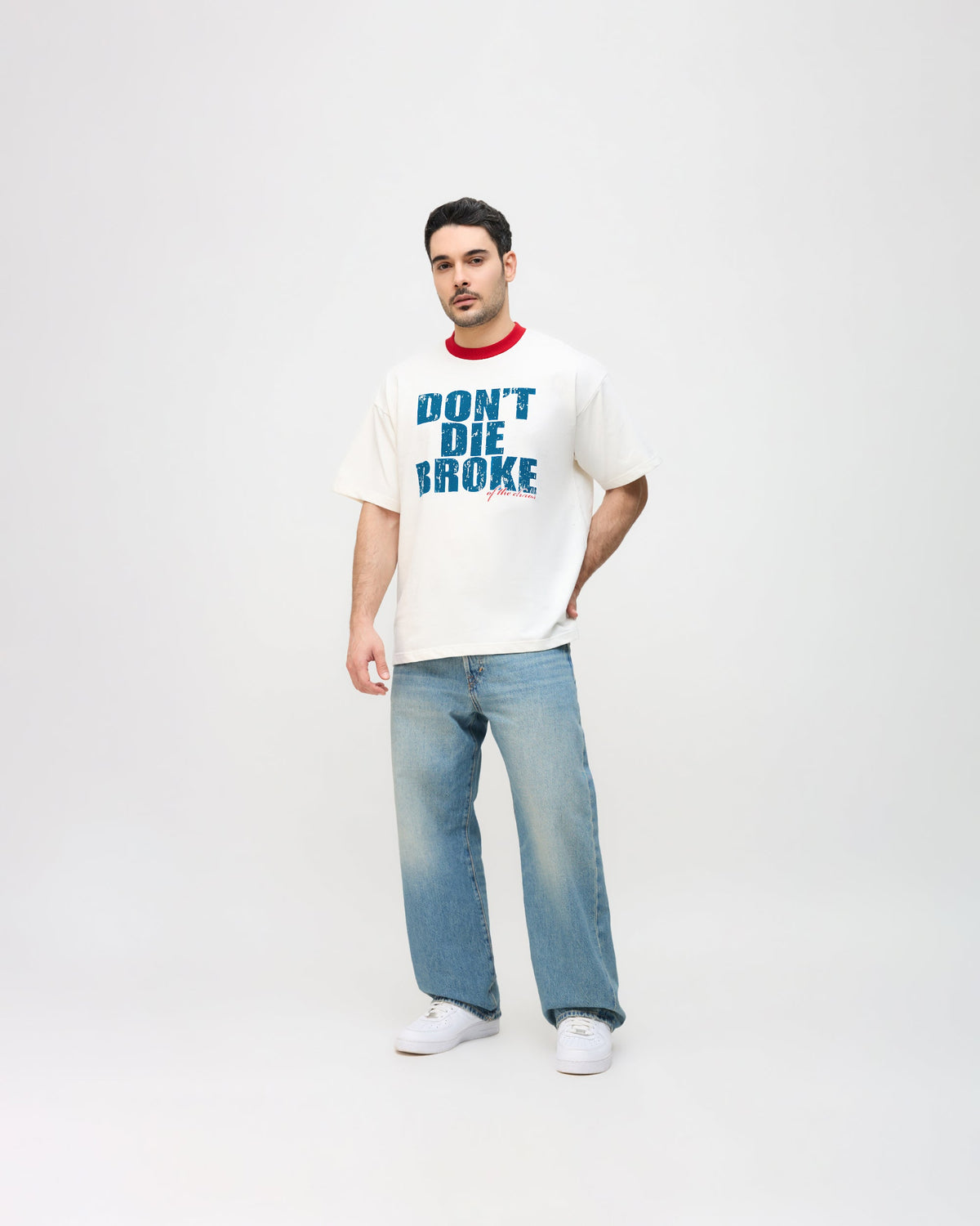 DONT DIE BROKE RINGER T-SHIRT - OFF WHITE/RED