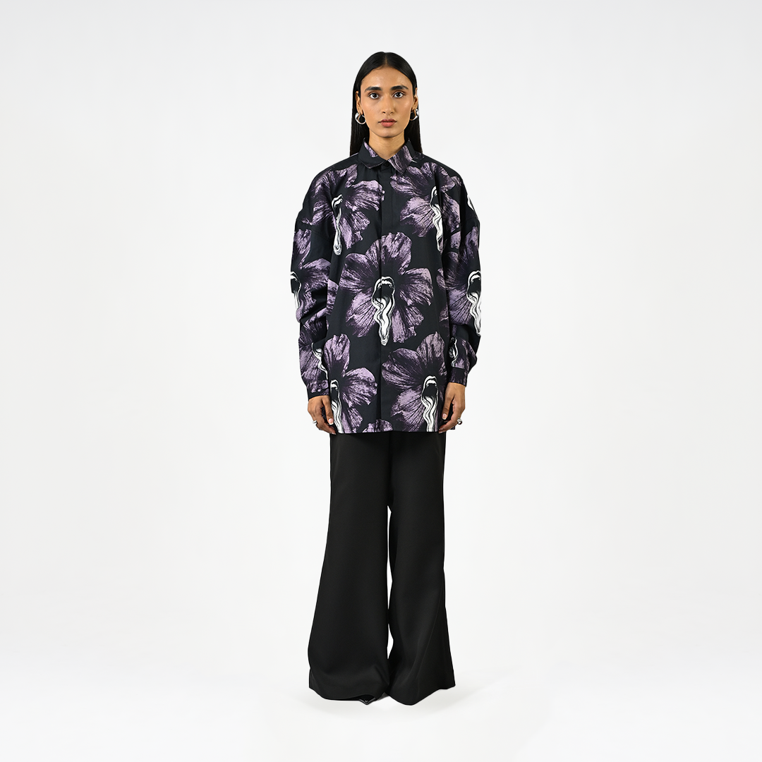 Tongue-printed oversized cotton shirt
