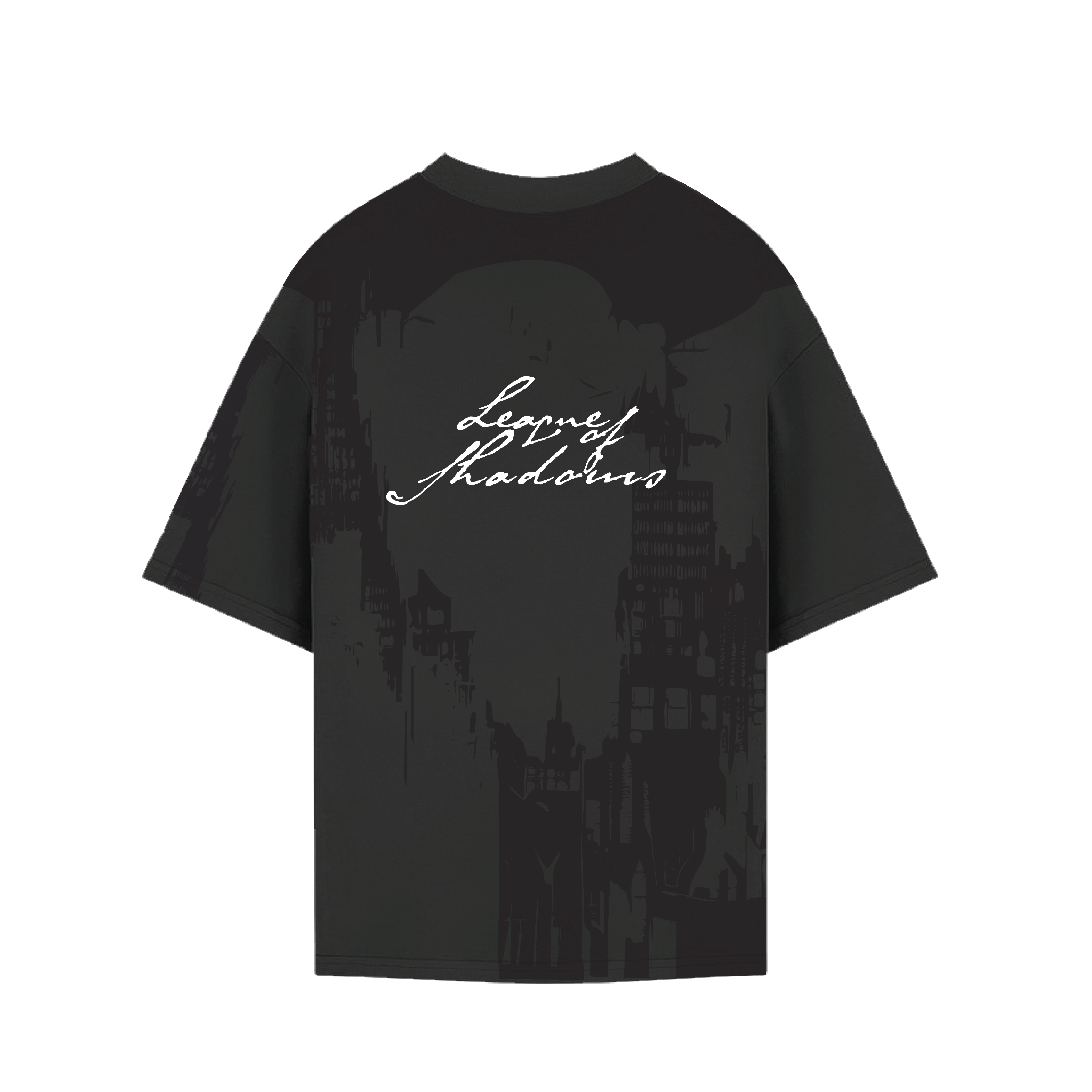 Black t-shirt with 'League of Shadows' text on a white background - Crepdog Crew