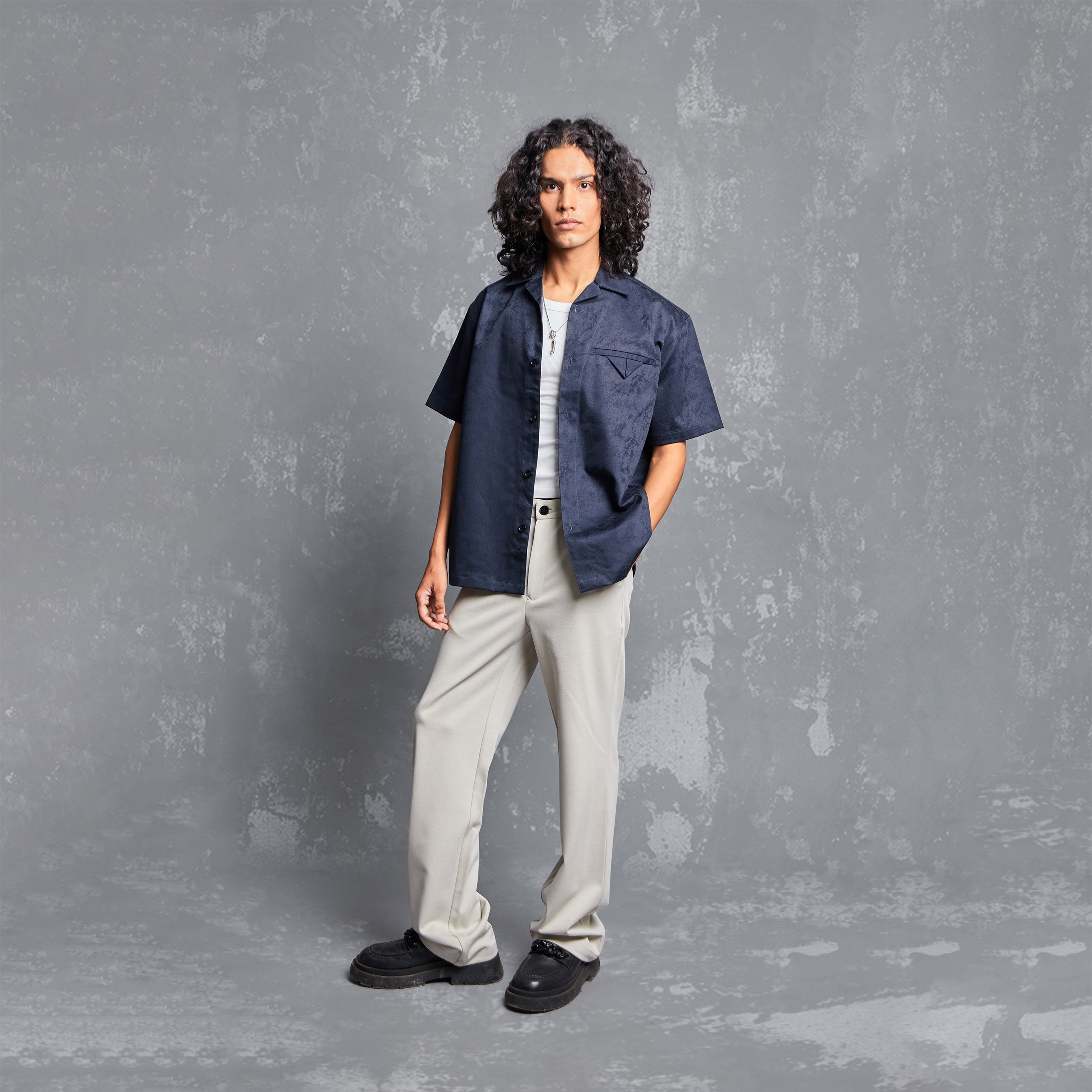 WARPING THEORIES, LOOKBOOK, EDITORIAL, TONAL NAVY, NAVY SHIRT, TONAL NAVY SHIRT,Jacquard shirt, abstract tonal pattern, welt pocket, fixed pleated pocket square, one piece Cuban style collar, slit at the bottom of the side seam. UNISEX, RELAXED FIT, SIZE AVAILABLE S TO XXL, PLUS SIZE CLOTHING, SHIRT, JACQUARD, POLO SHIRTS,SHIRT DESIGN, SHIRT PATTERN, SHIRT SIZING, SHIRTS FOR MEN, SHIRTS FOR GIRLS, SHIRT DESIGN FOR MEN, SHIRT DESIGN FOR GIRLS, SHIRT FOR WOMEN, SHIRT SIZE CHART, people also ask