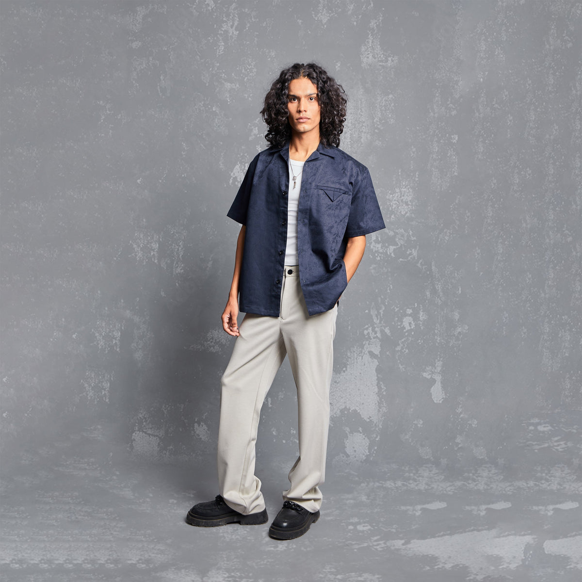 WARPING THEORIES, LOOKBOOK, EDITORIAL, TONAL NAVY, NAVY SHIRT, TONAL NAVY SHIRT,Jacquard shirt, abstract tonal pattern, welt pocket, fixed pleated pocket square, one piece Cuban style collar, slit at the bottom of the side seam. UNISEX, RELAXED FIT, SIZE AVAILABLE S TO XXL, PLUS SIZE CLOTHING, SHIRT, JACQUARD, POLO SHIRTS,SHIRT DESIGN, SHIRT PATTERN, SHIRT SIZING, SHIRTS FOR MEN, SHIRTS FOR GIRLS, SHIRT DESIGN FOR MEN, SHIRT DESIGN FOR GIRLS, SHIRT FOR WOMEN, SHIRT SIZE CHART, people also ask