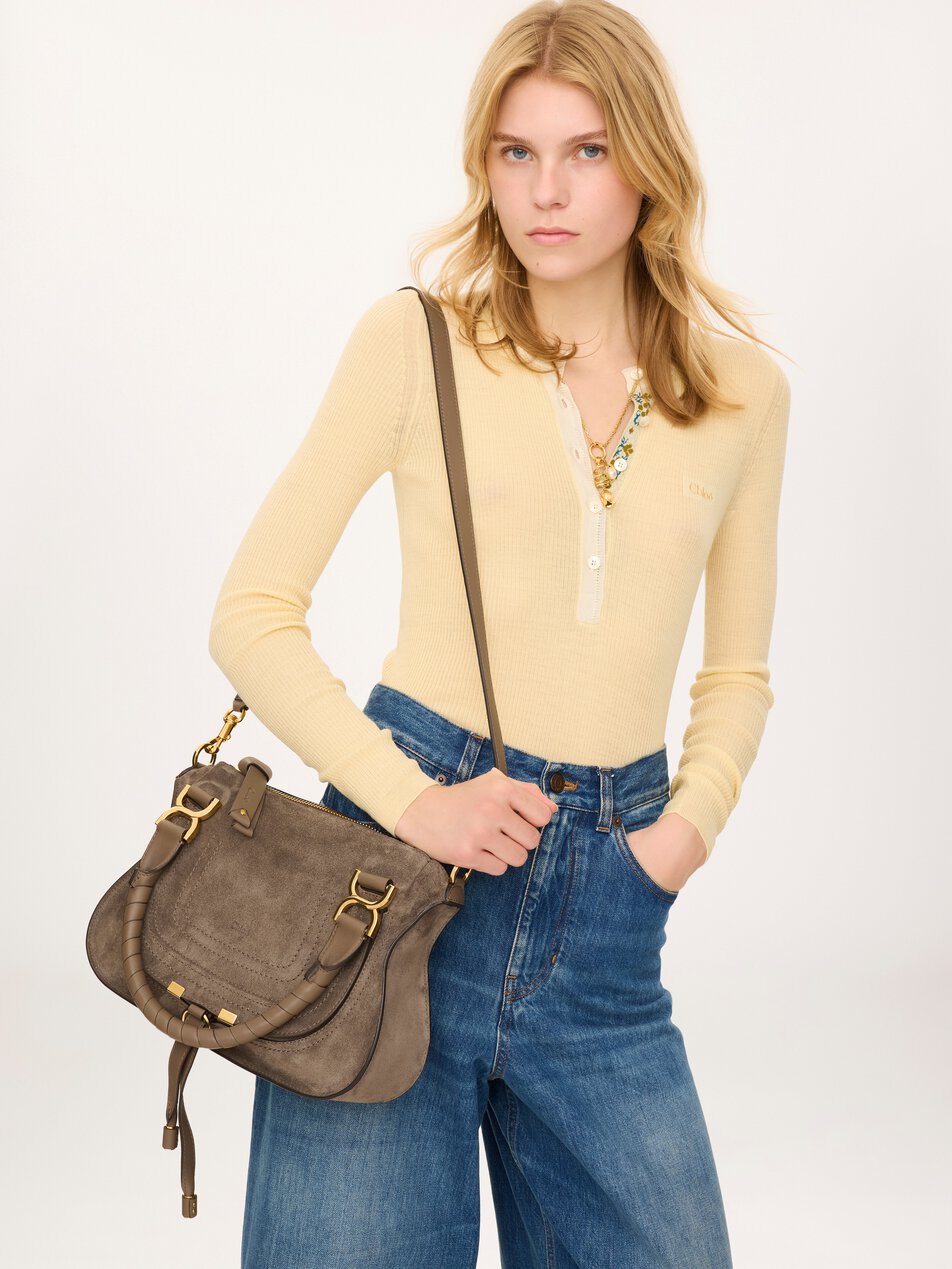 CHLOE Small Marcie bag in suede leather Nickel Grey