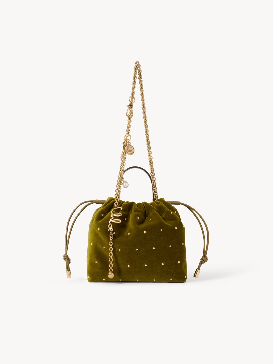 CHLOE Mini Chloé Icons shoulder bag with chain in velvet with studs Sweet Khaki