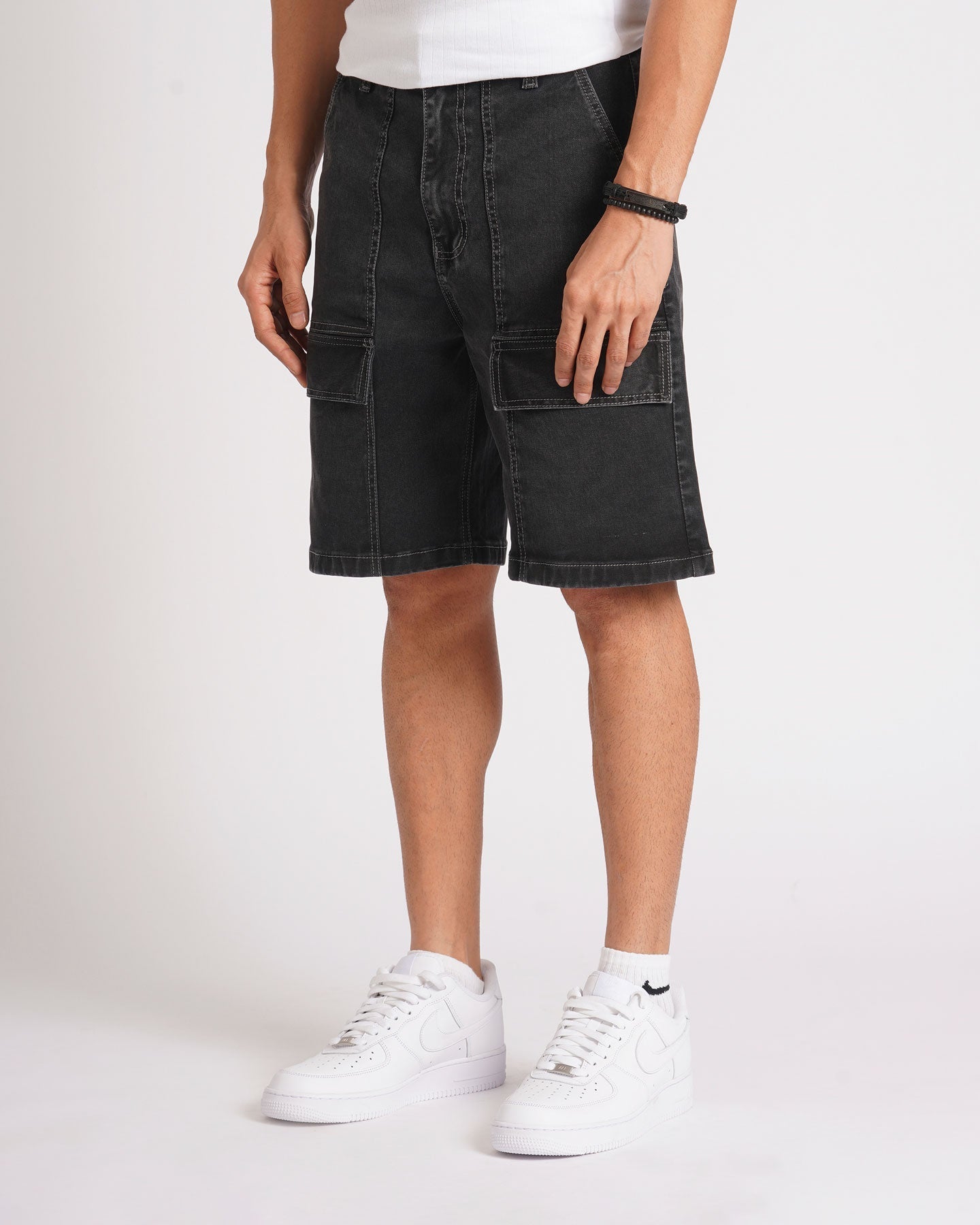 PANELLED DENIM SHORTS - GREY