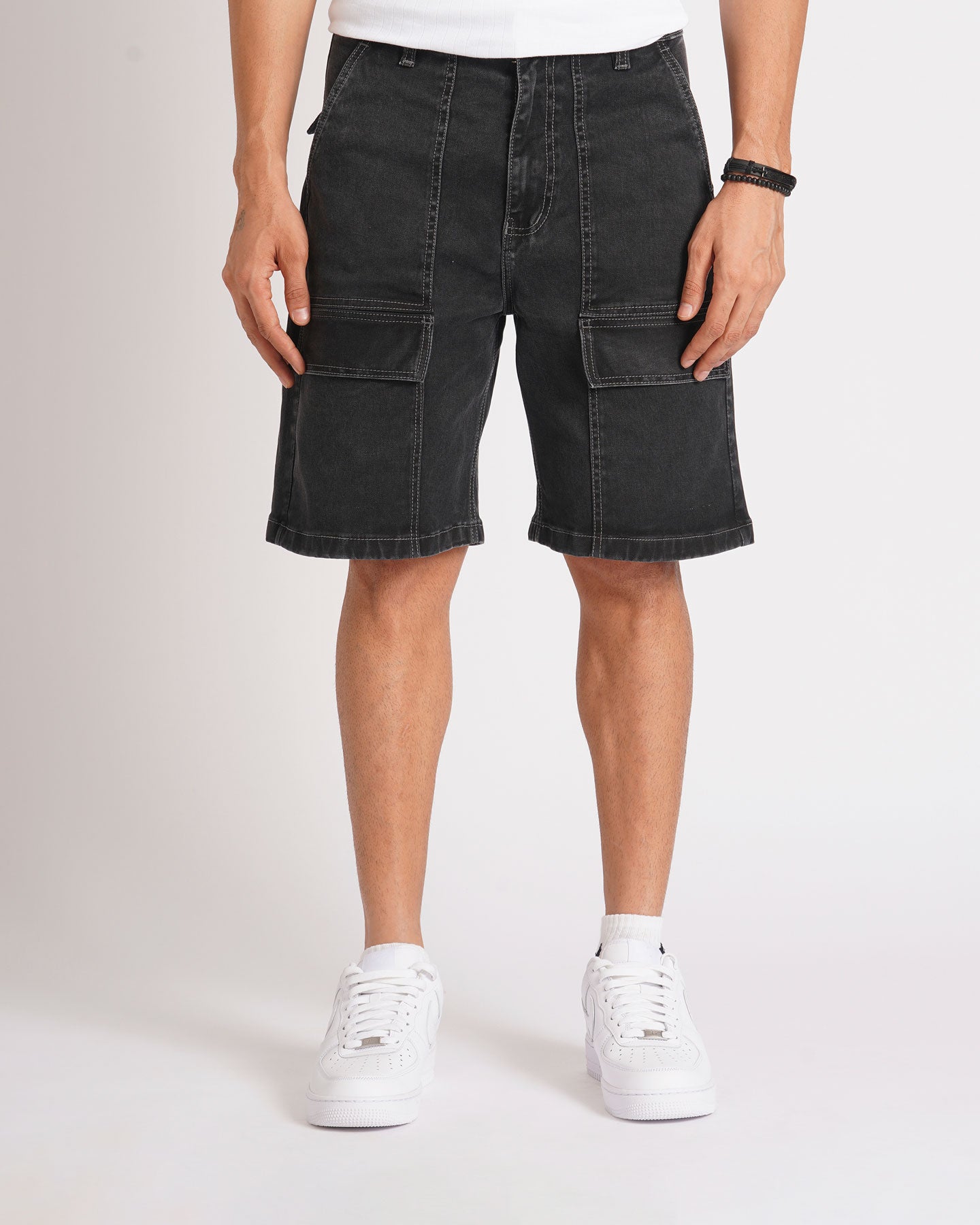 PANELLED DENIM SHORTS - GREY