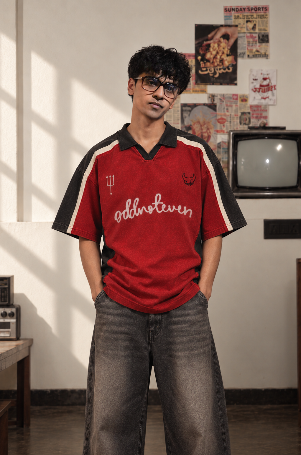 Model wearing the Red Devils Retro Polo in washed red