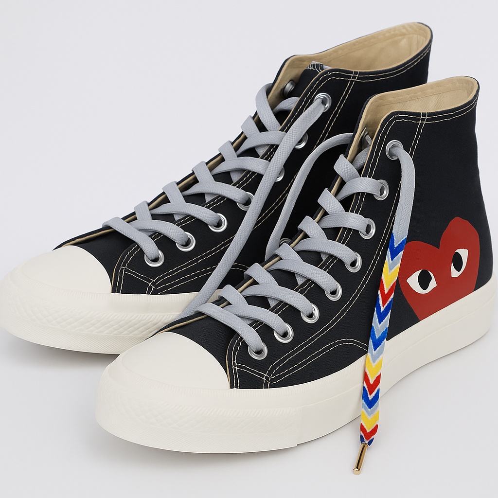 Black high-top sneakers with gradient colorful shoelaces on a white background