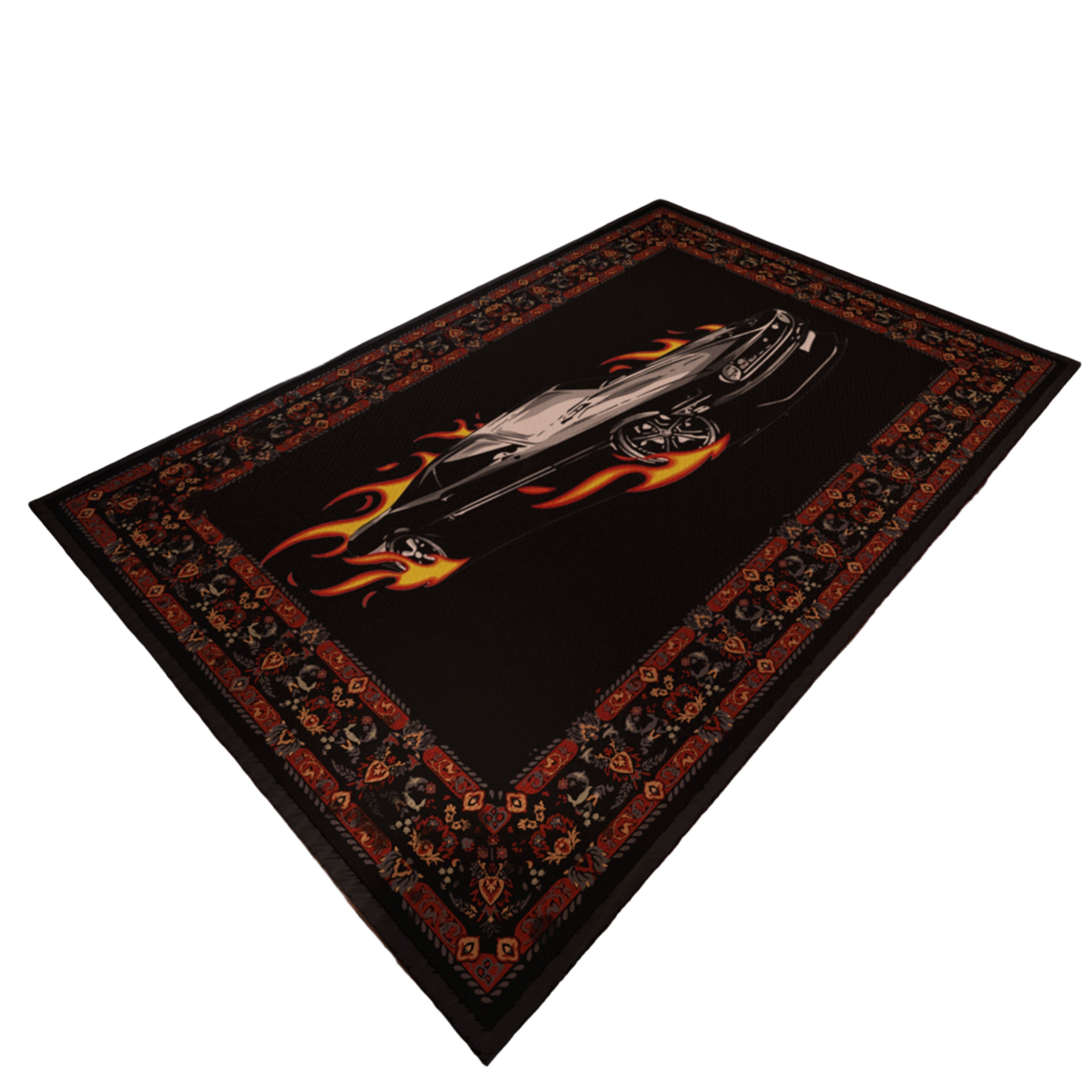 Black Fire car traditional design Washable Custom Rug