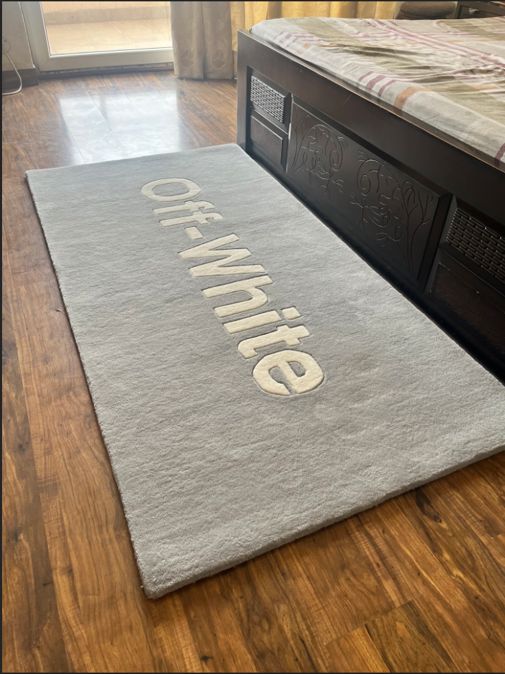Off White text Grey Custom Rug