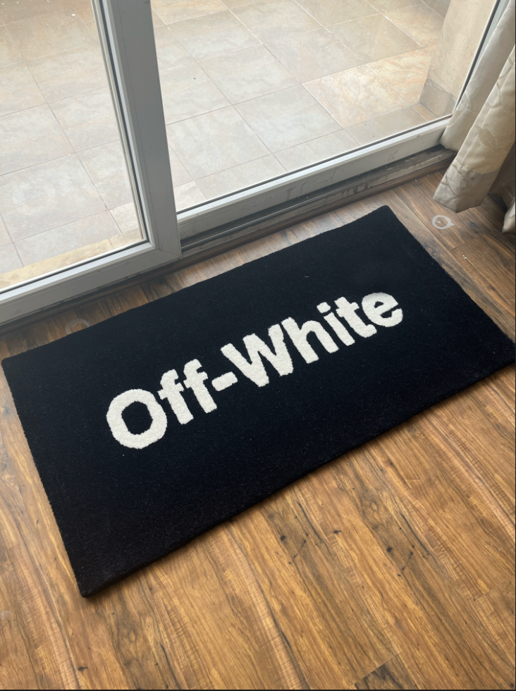 Off White Black text Custom Rug