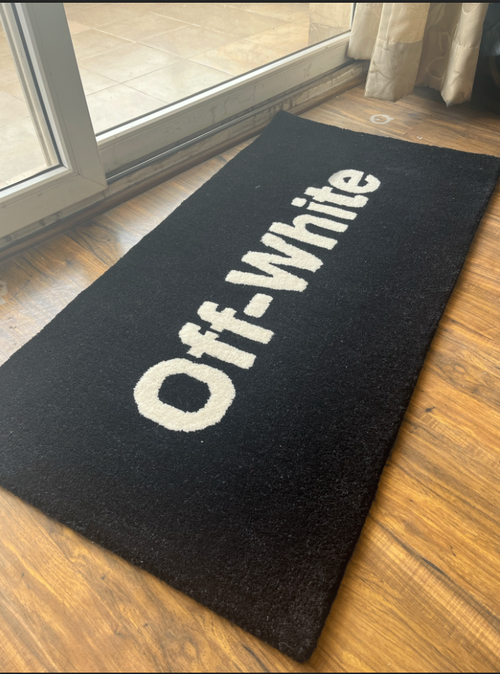 Off White Black text Custom Rug