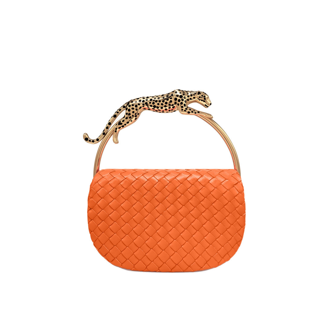 JW PEI Ione Leopard Shaped Hardware Handle Woven Top Handle Bag - Orange