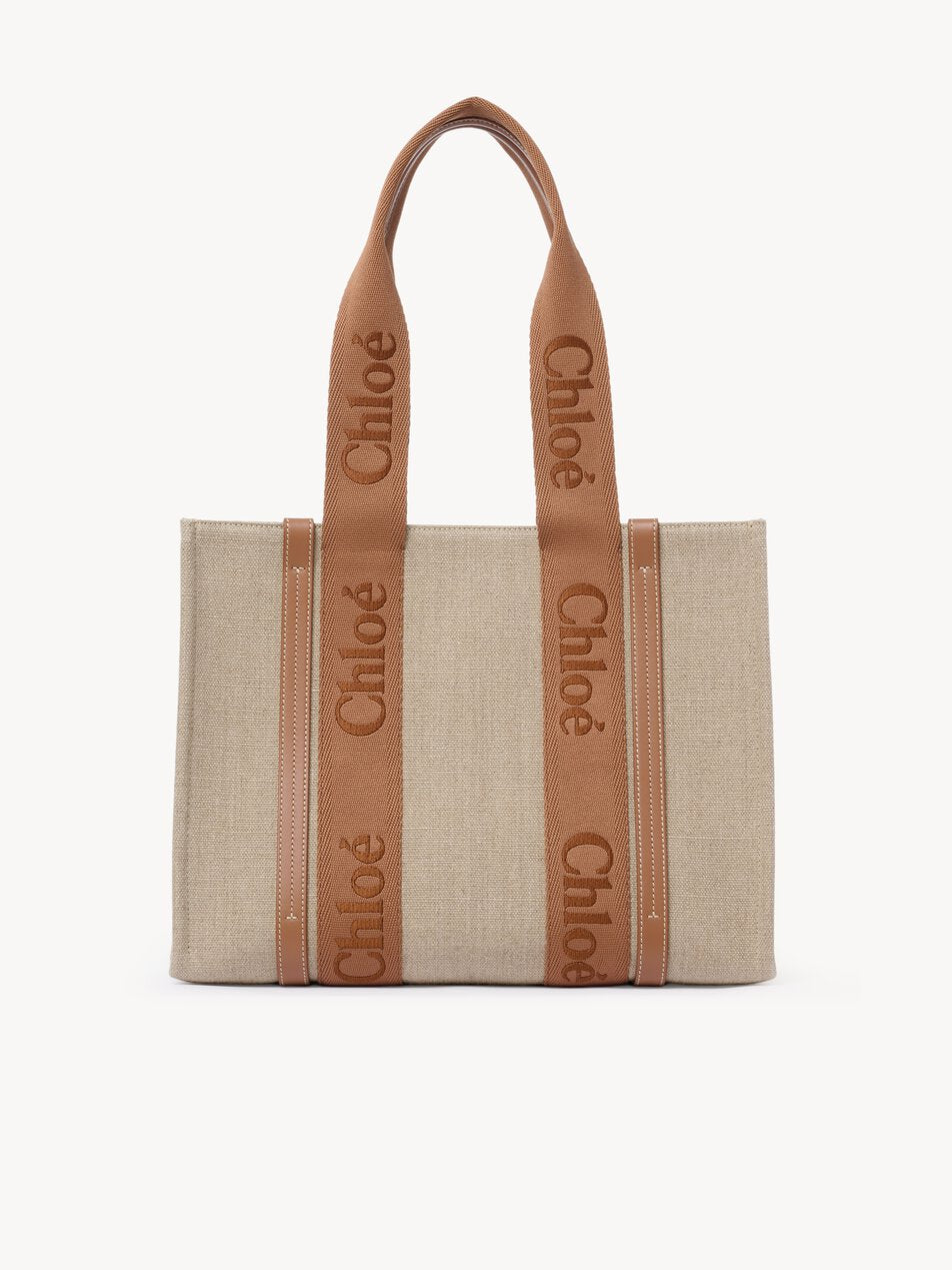 CHLOE Woody tote bag in linen Dusty Tan