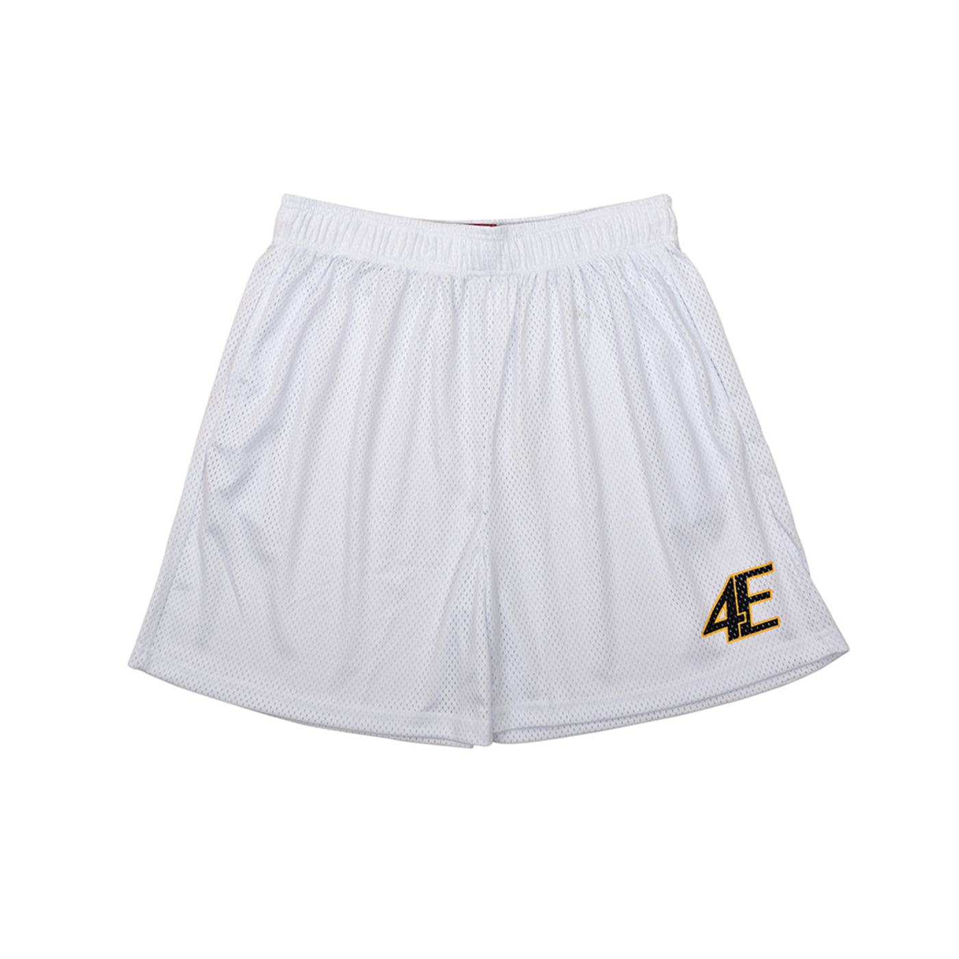 White athletic shorts with a logo on a white background - Crepdog Crew