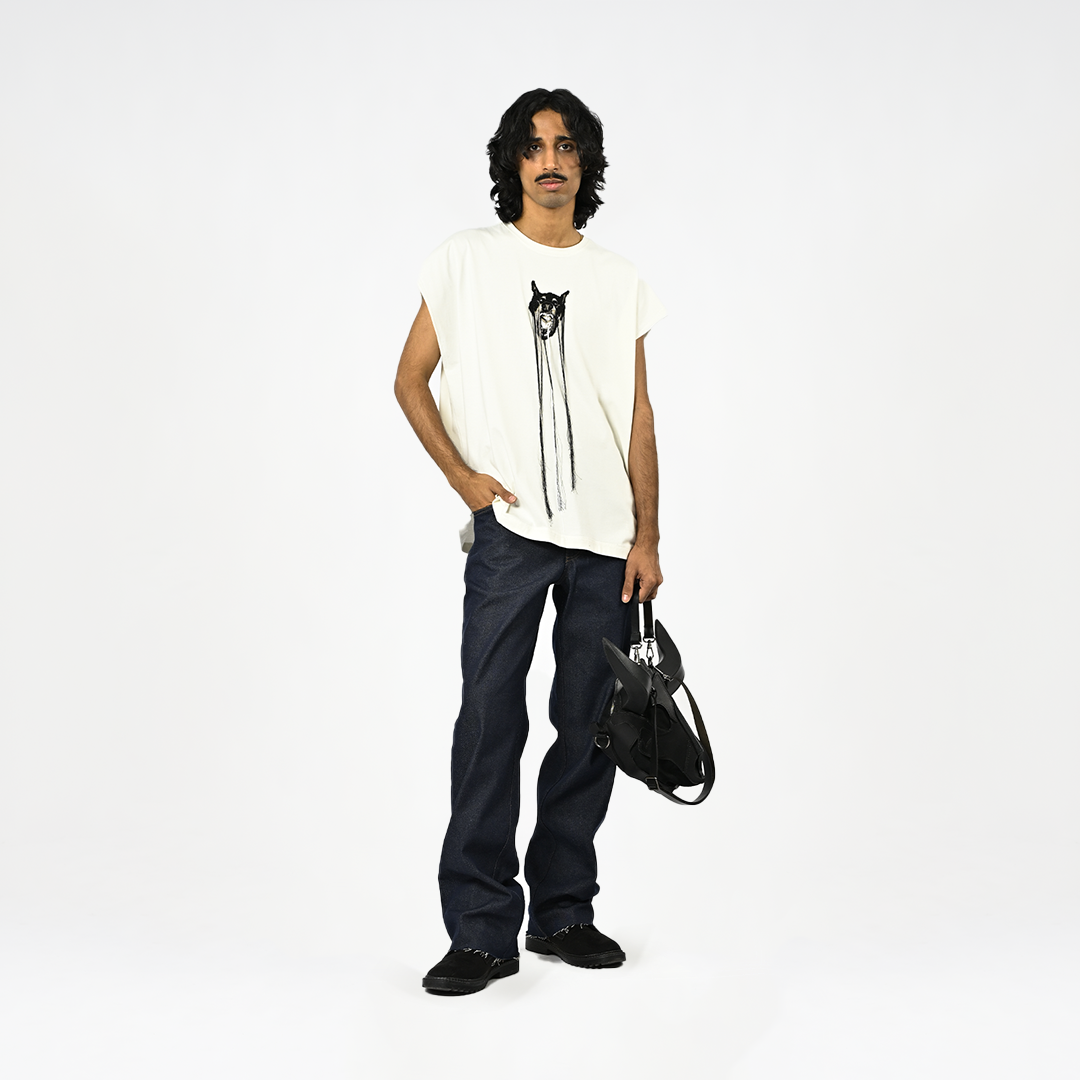 Hand-embroidered canine top with hanging silk threads (Men's) - White