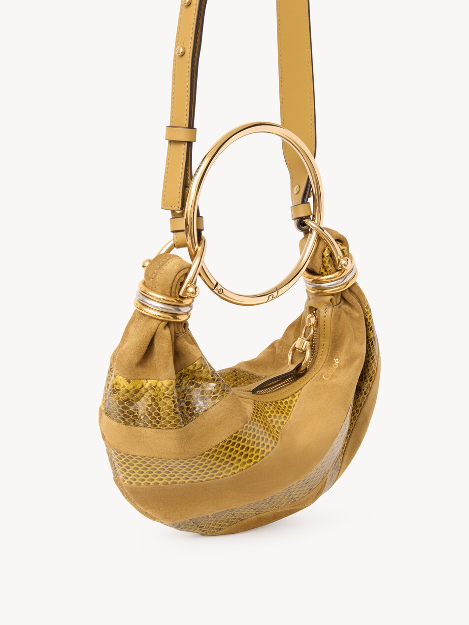 CHLOE Mini Bracelet Hobo bag in suede leather & snakeskin Gold / Khaki
