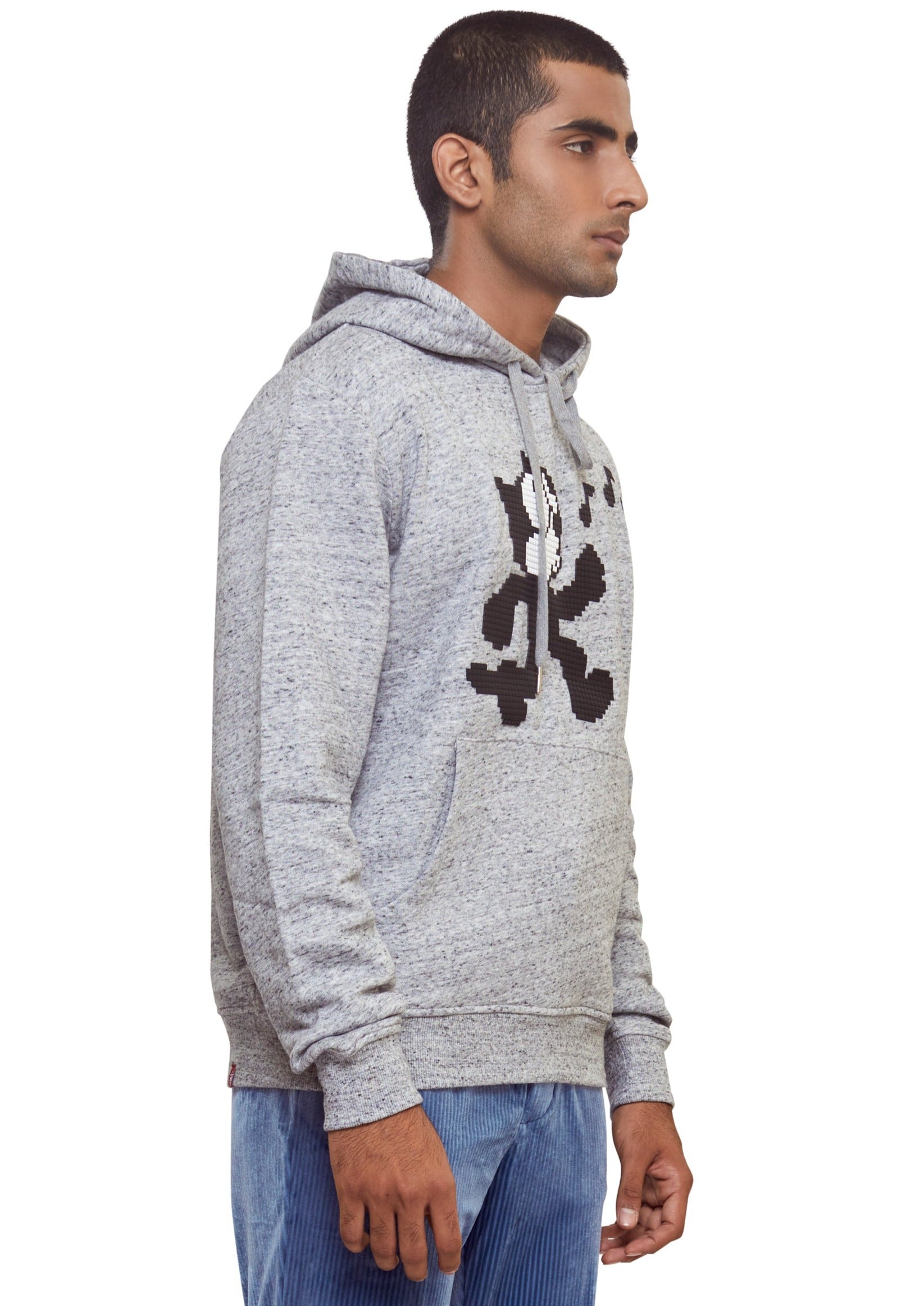 Grey Speckled hoodie with a graphic front design of a whistling felix and kangaroo pocket from the brand 8-bit