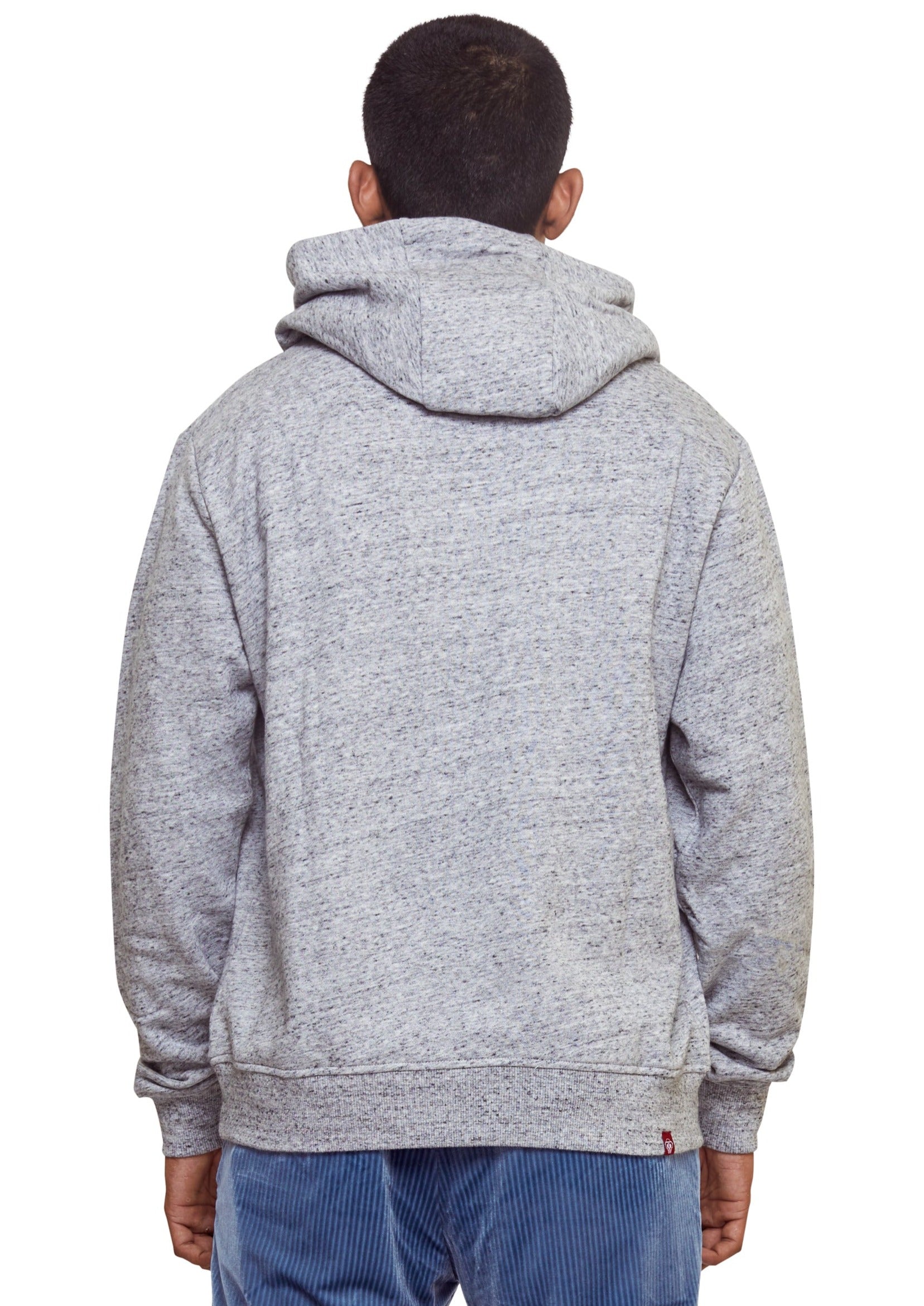 Grey Speckled hoodie with a graphic front design of a whistling felix and kangaroo pocket from the brand 8-bit