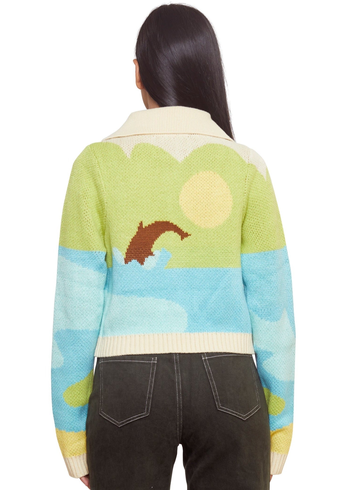 Green and blue Classic hofs jacquard cardi shape with dolphin design from the brand House Of Sunny