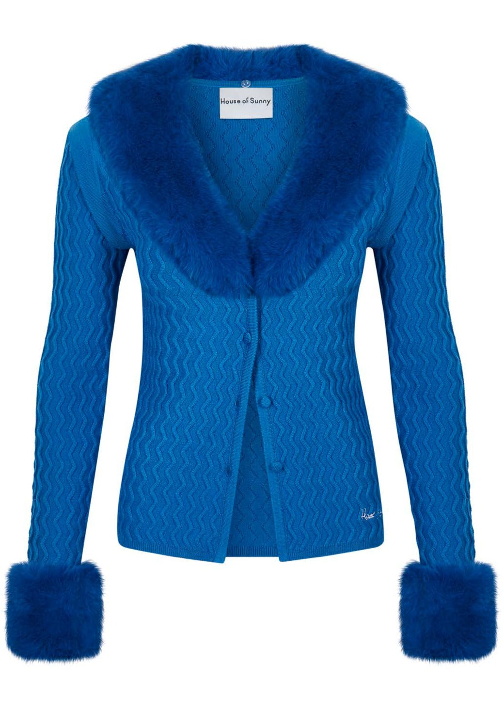 Blue Wave rib cardi with detachable fur from the brand House Of Sunny