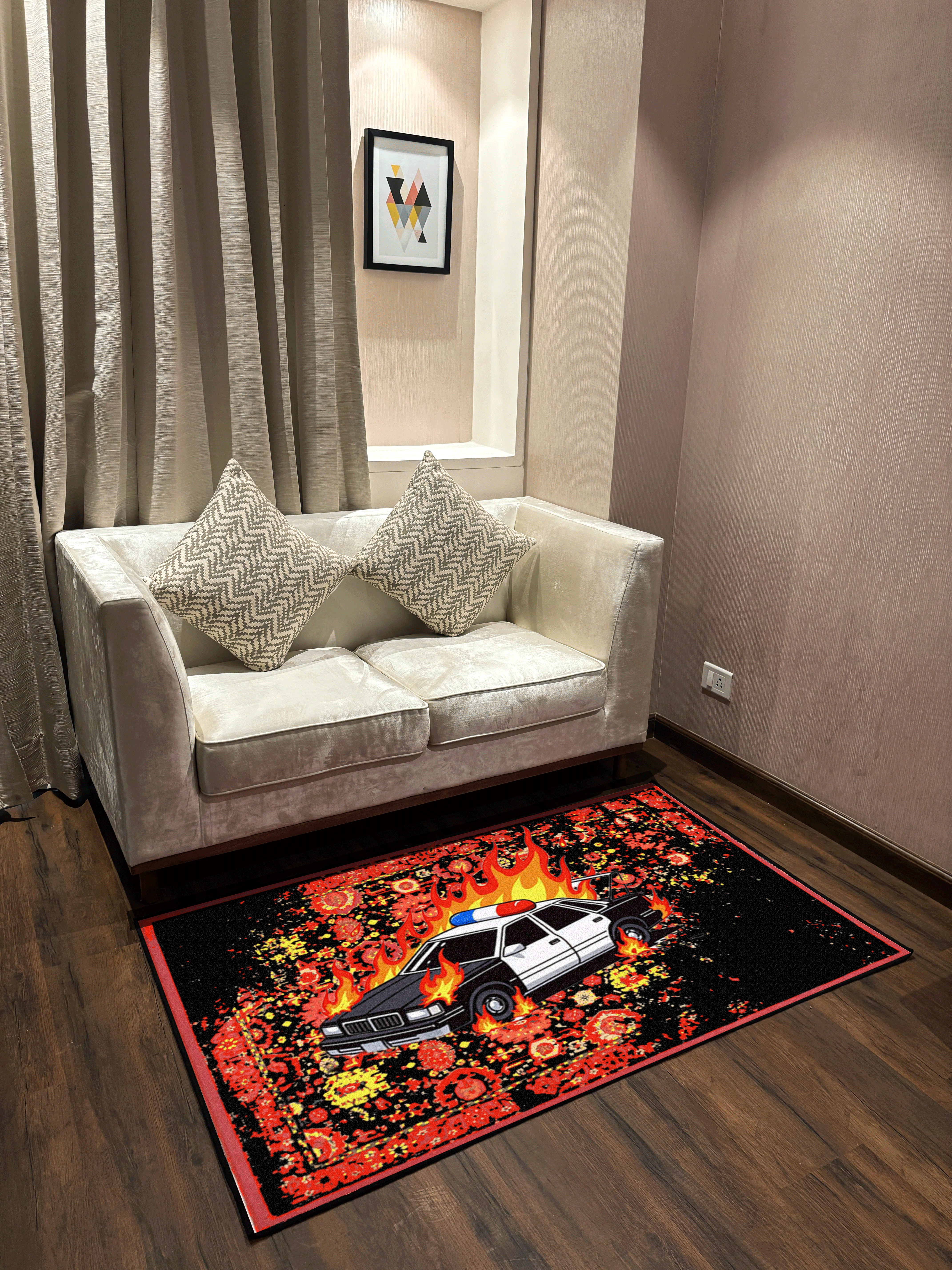 Burning Car traditional design Washable Rug