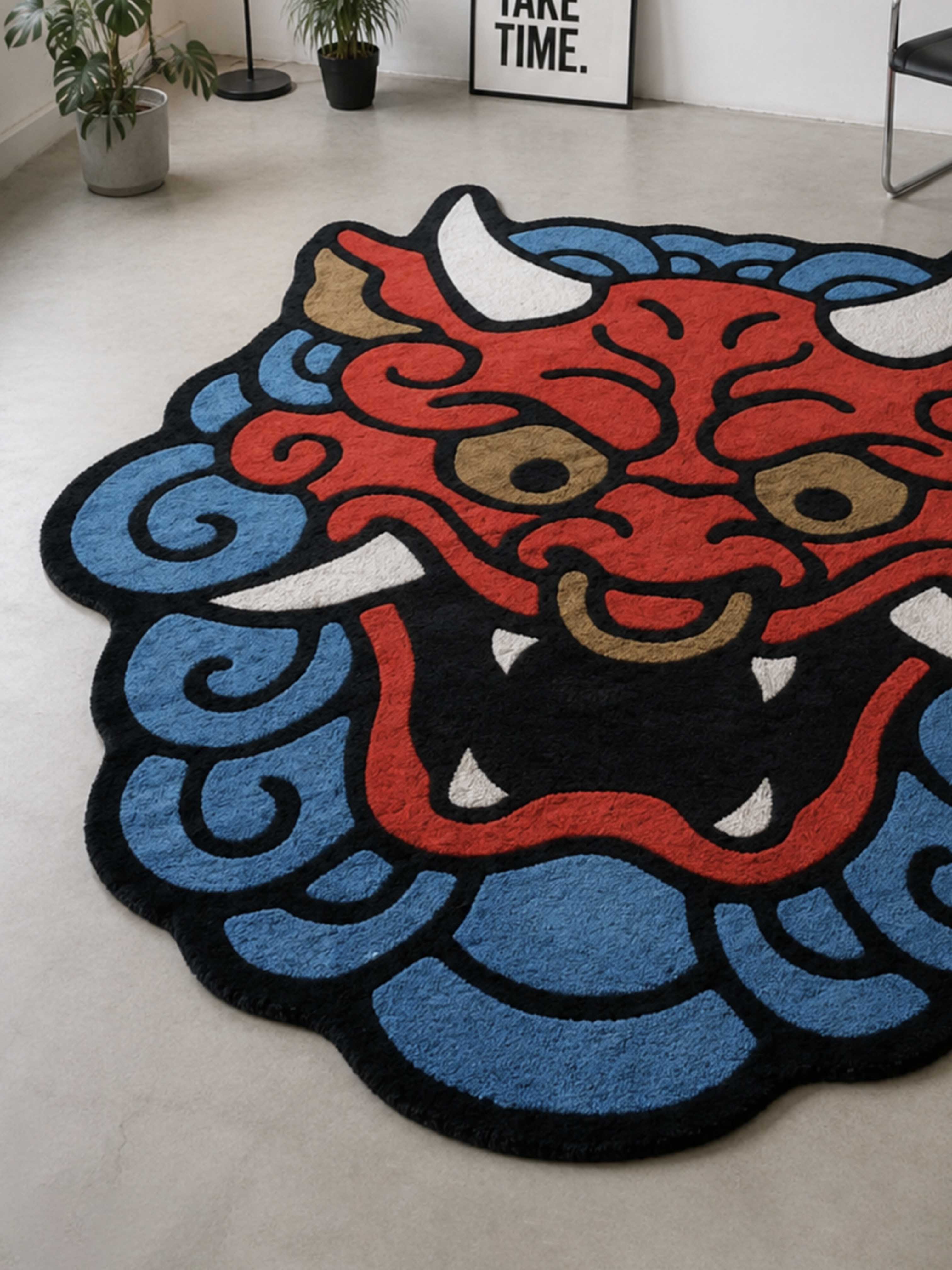 Red & blue dragon Face Hand Tufted Rug