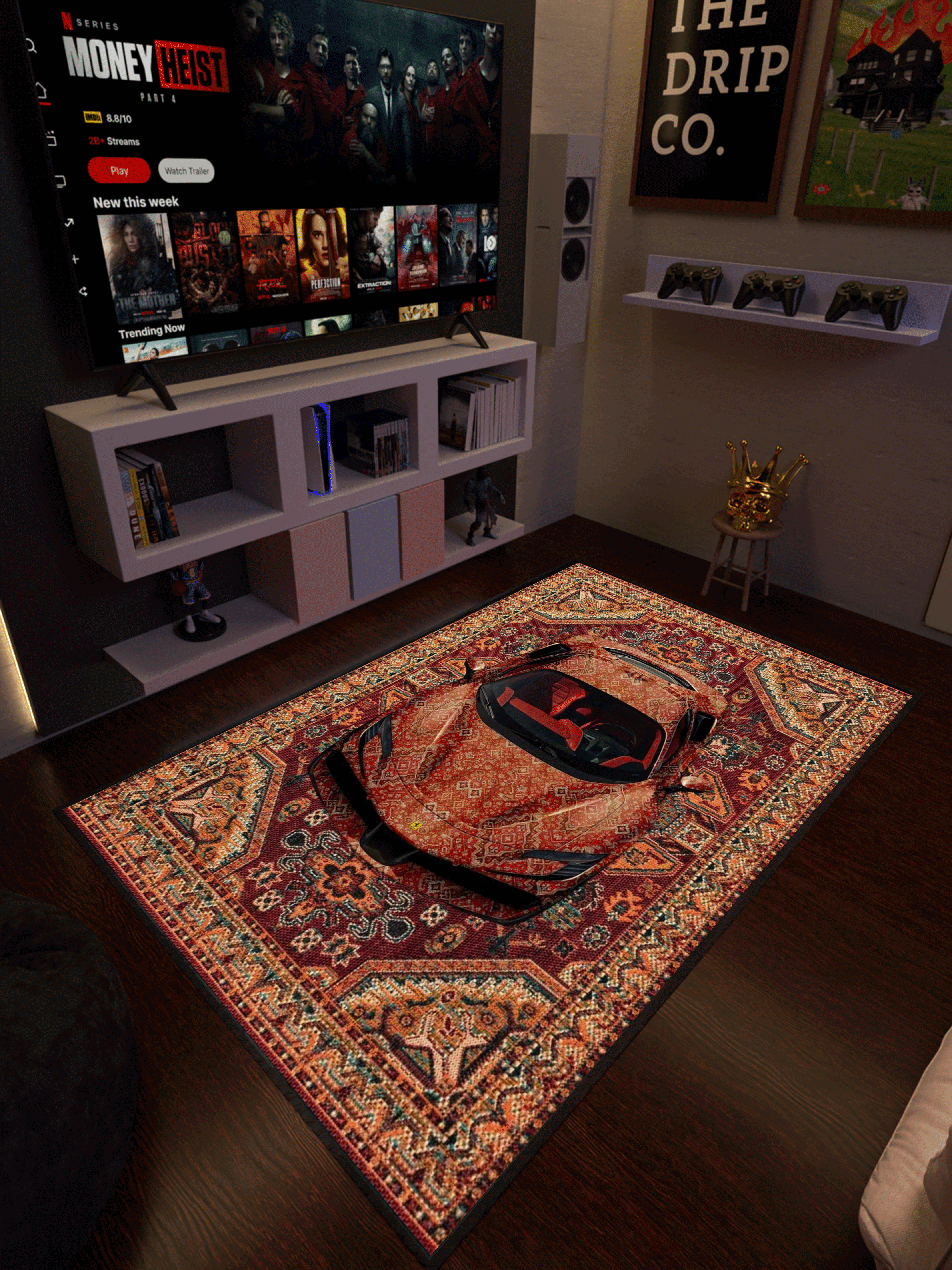 Red Sports Car traditional design Washable Rug