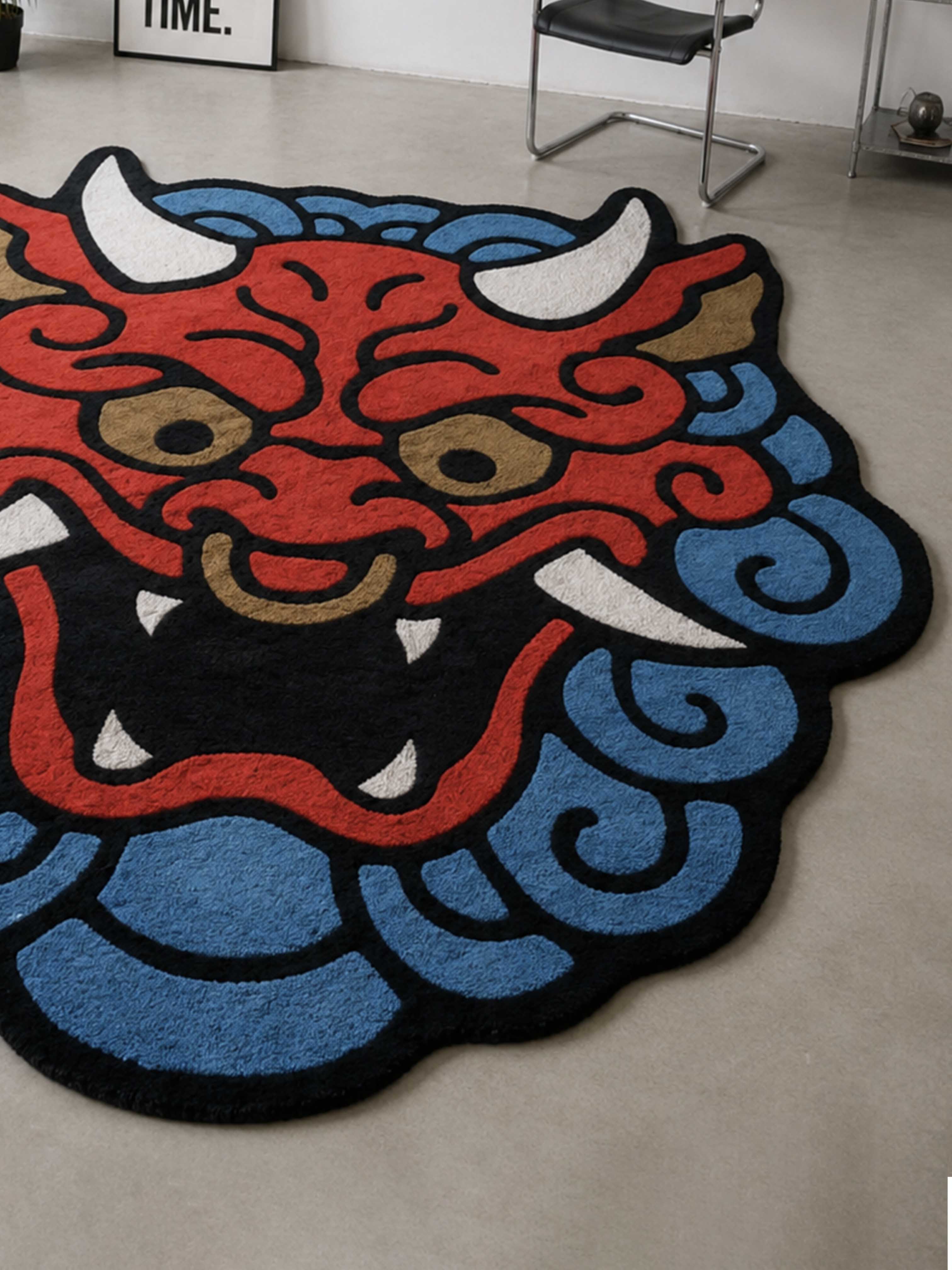 Red & blue dragon Face Hand Tufted Rug